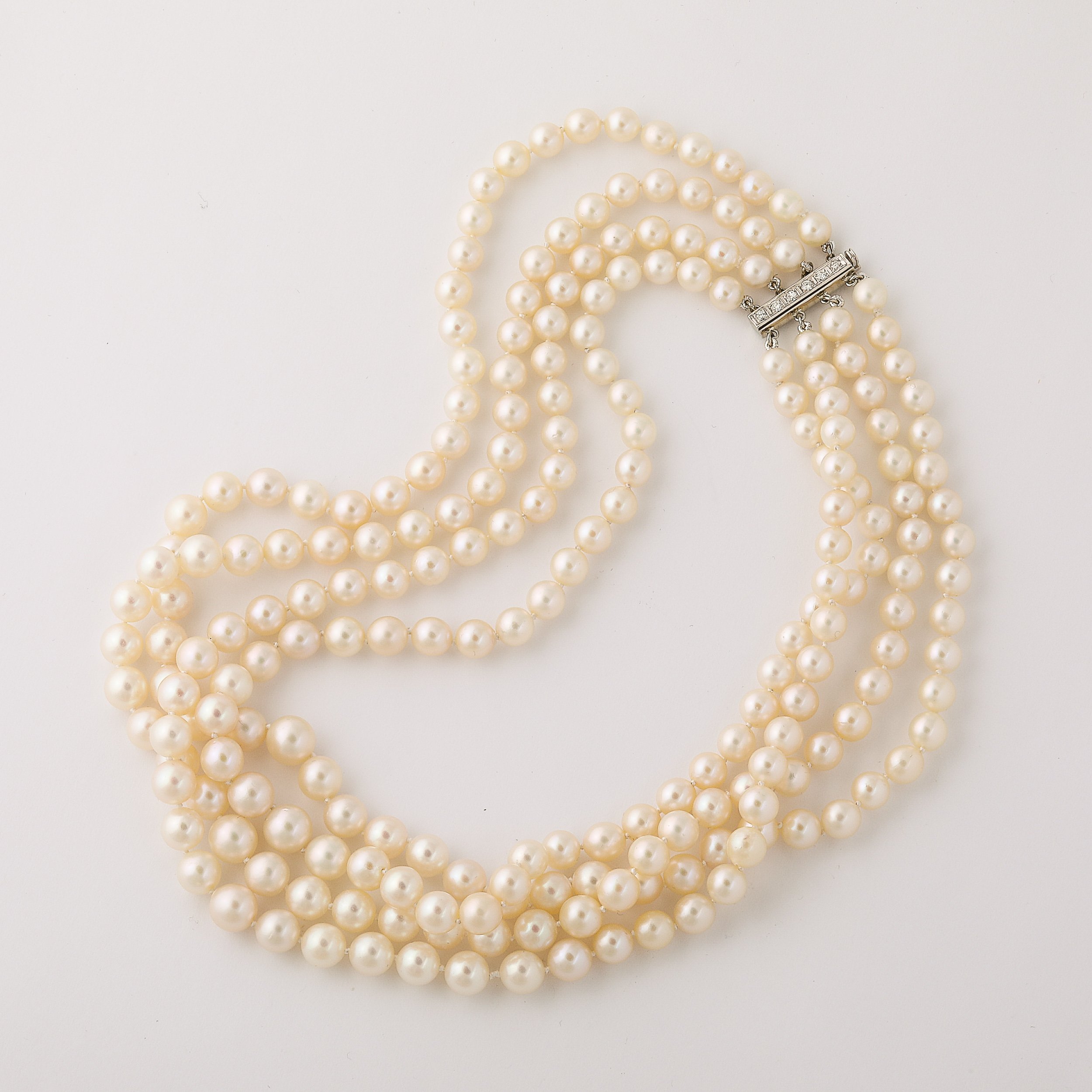 Mid-Century Four Strand Pearl Necklace W:Platinum & Diamond Clasp - High Style Deco 11.jpg