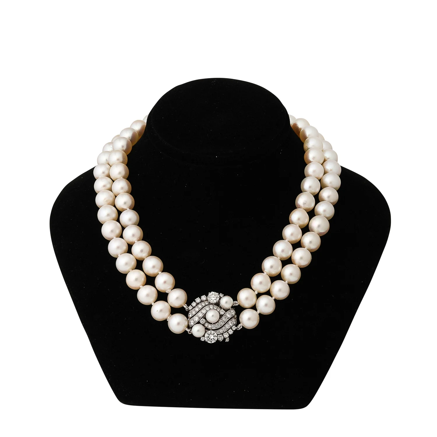Art Deco Double Strand Cultured Pearl & Diamond Clasp Necklace in 