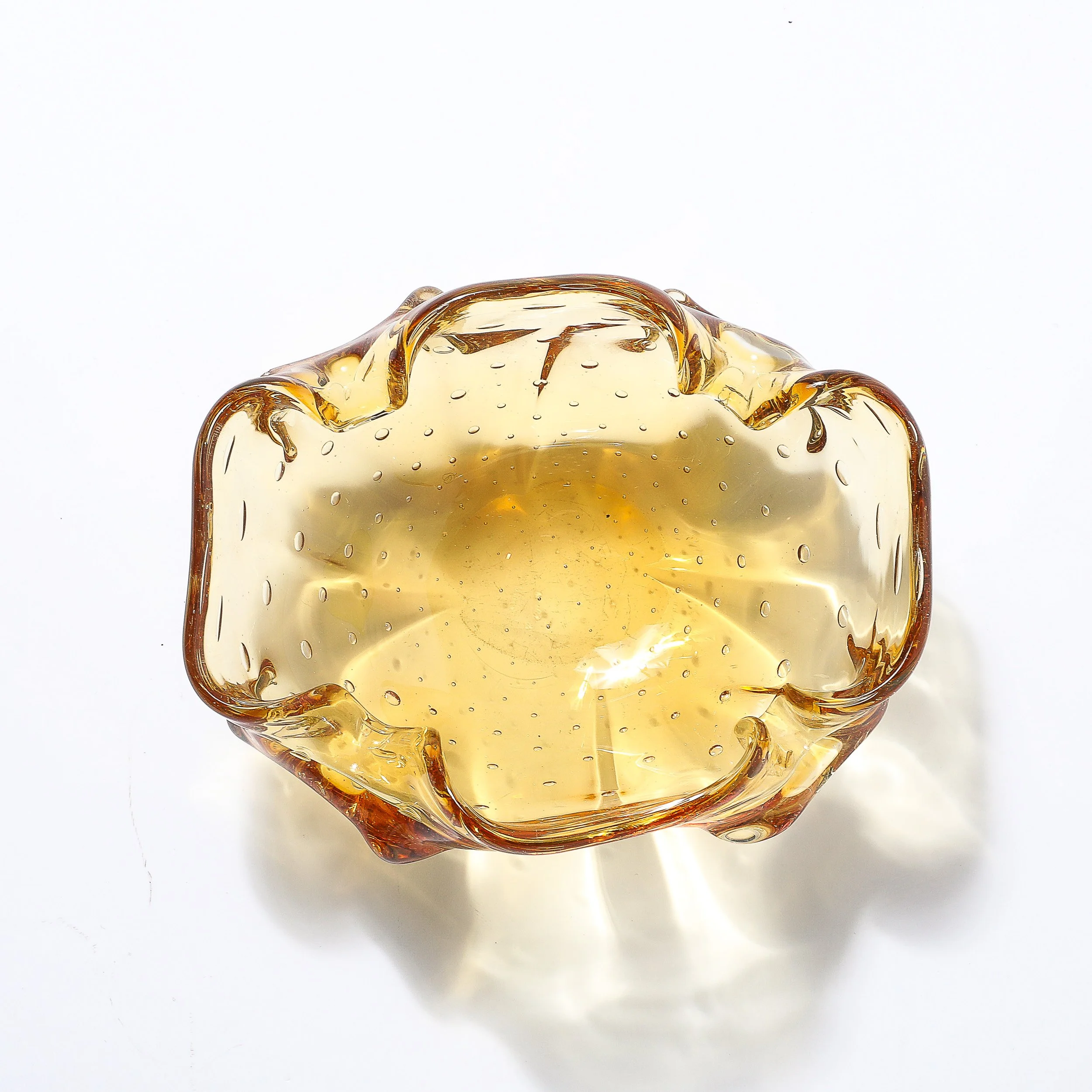 Mid-Century Modernist Hand-Blown Murano Glass Dish in Amber w: Crimped Detailing - High Style Deco 9.jpg