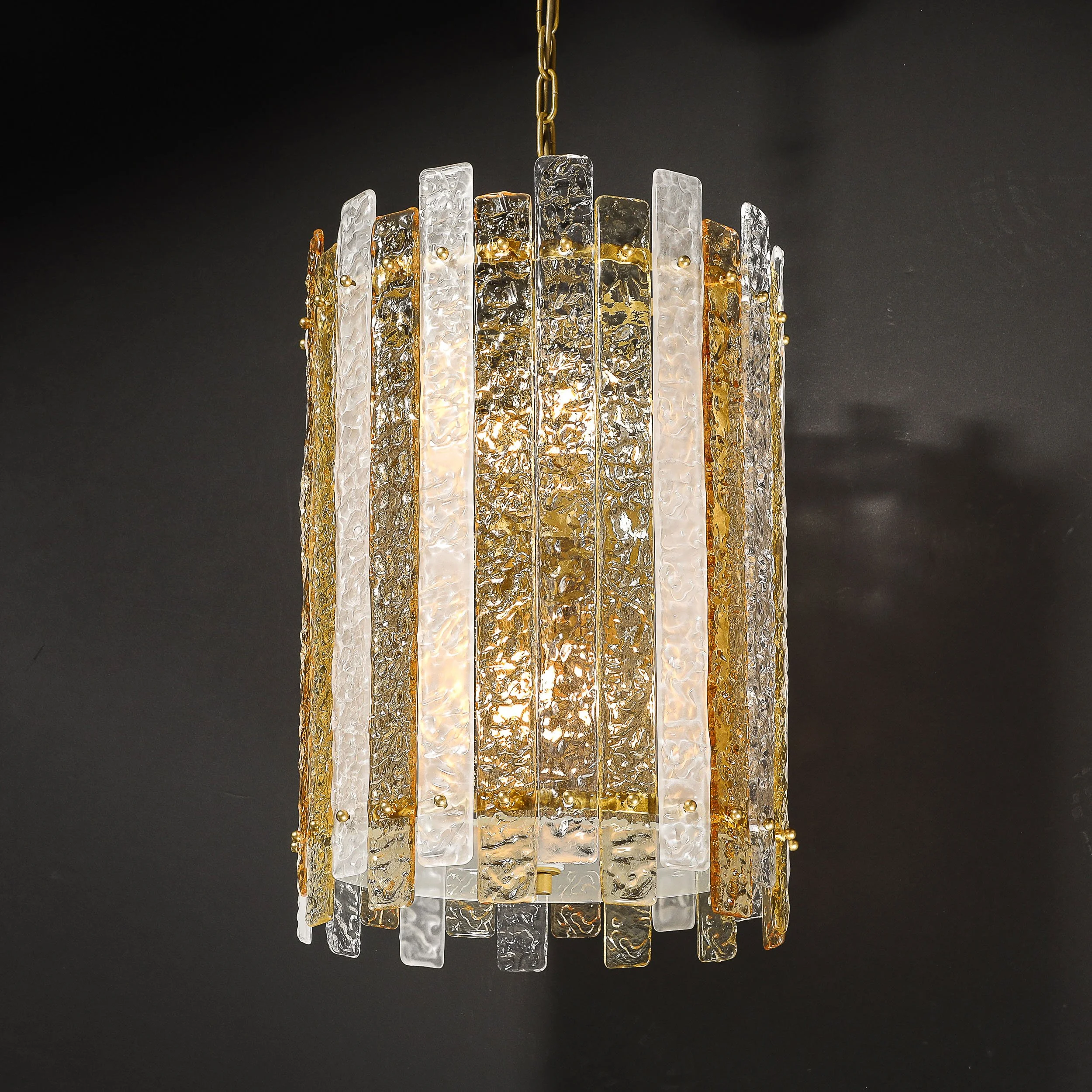 Modernist Hand-Blown Amber and Clear Murano Glass Paneled Cylindrical Chandelier - High Style Deco 22.jpg