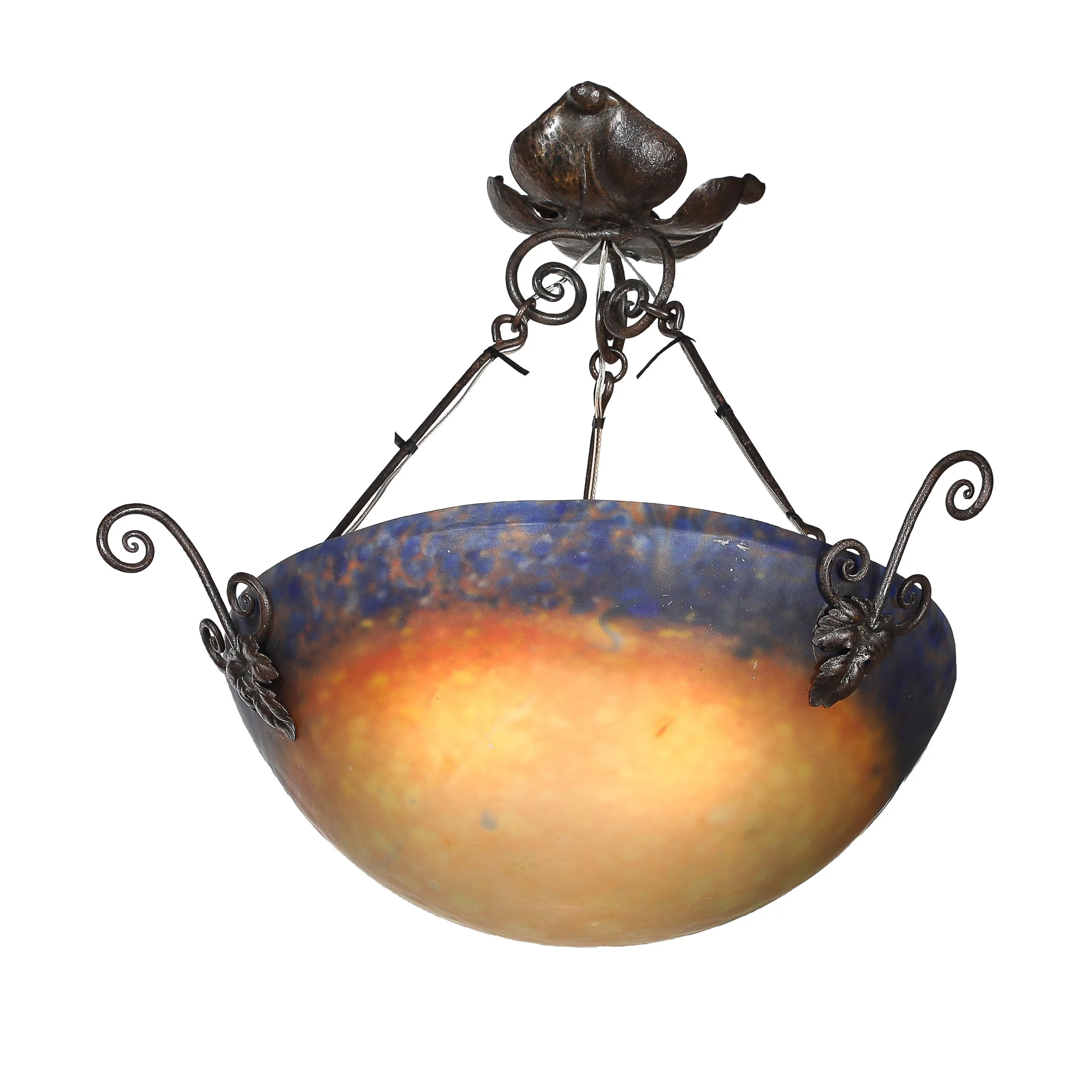 Art Deco Pâte de Verre Blue & Smoked Honey Glass Chandelier w: Leaf Form Fitting - High Style Deco.jpg
