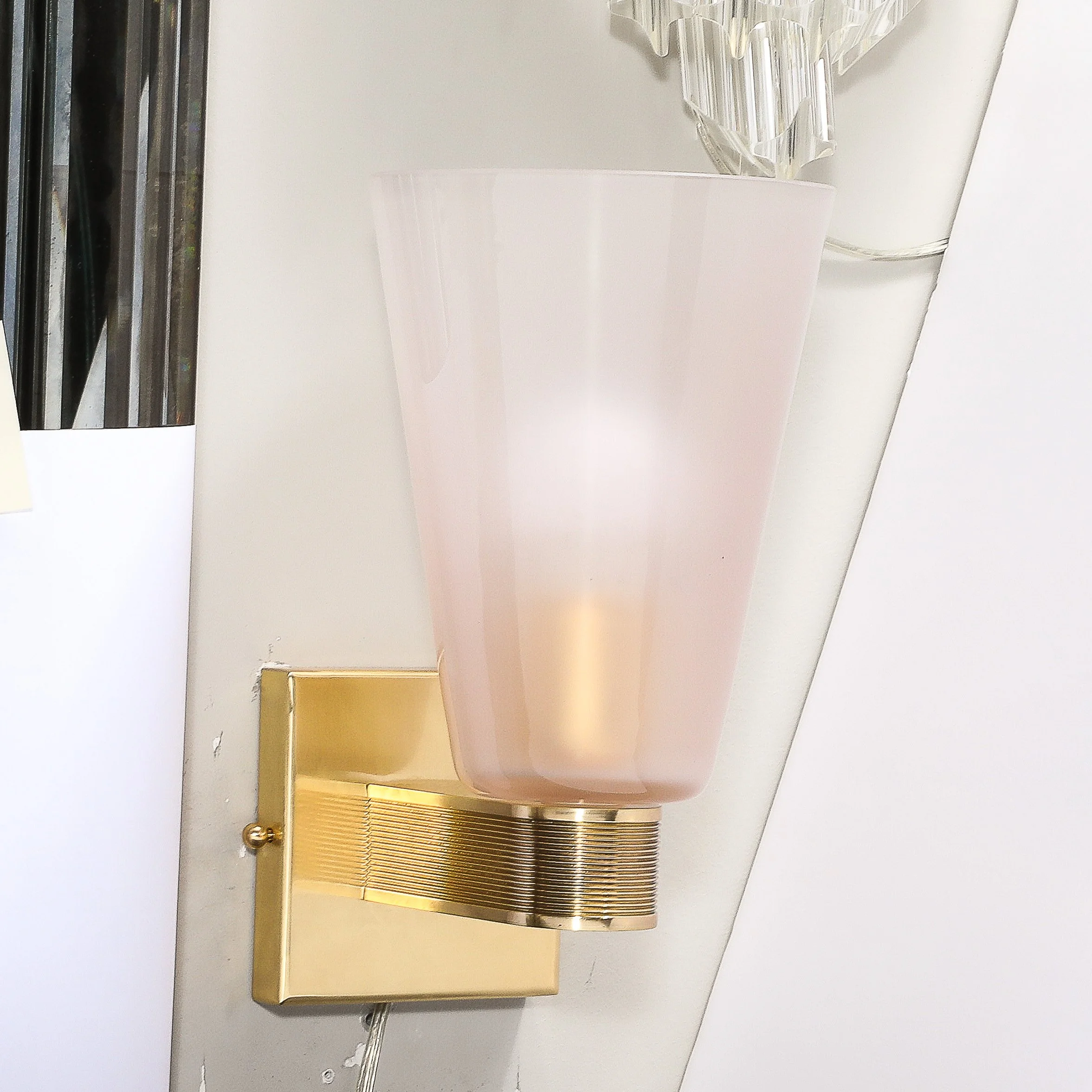 Pair of Modernist Hand-Blown Murano Smoked Pink Glass w: Reeded Brass Sconces - High Style Deco 4.jpg