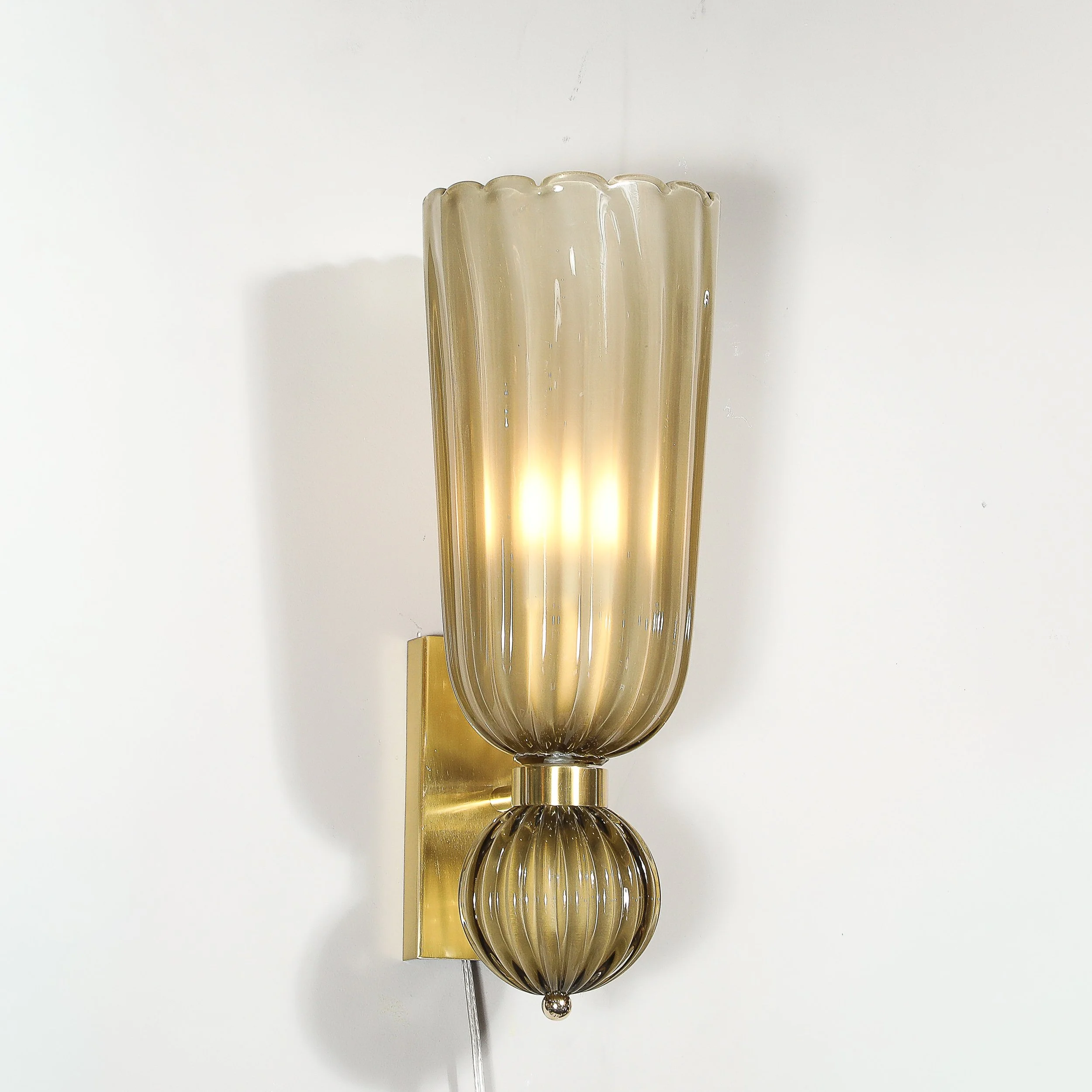 Pair of Modernist Hand-Blown Murano Fluted Glass Sconces in Frosted Smoked Topaz - High Style Deco 3.jpg