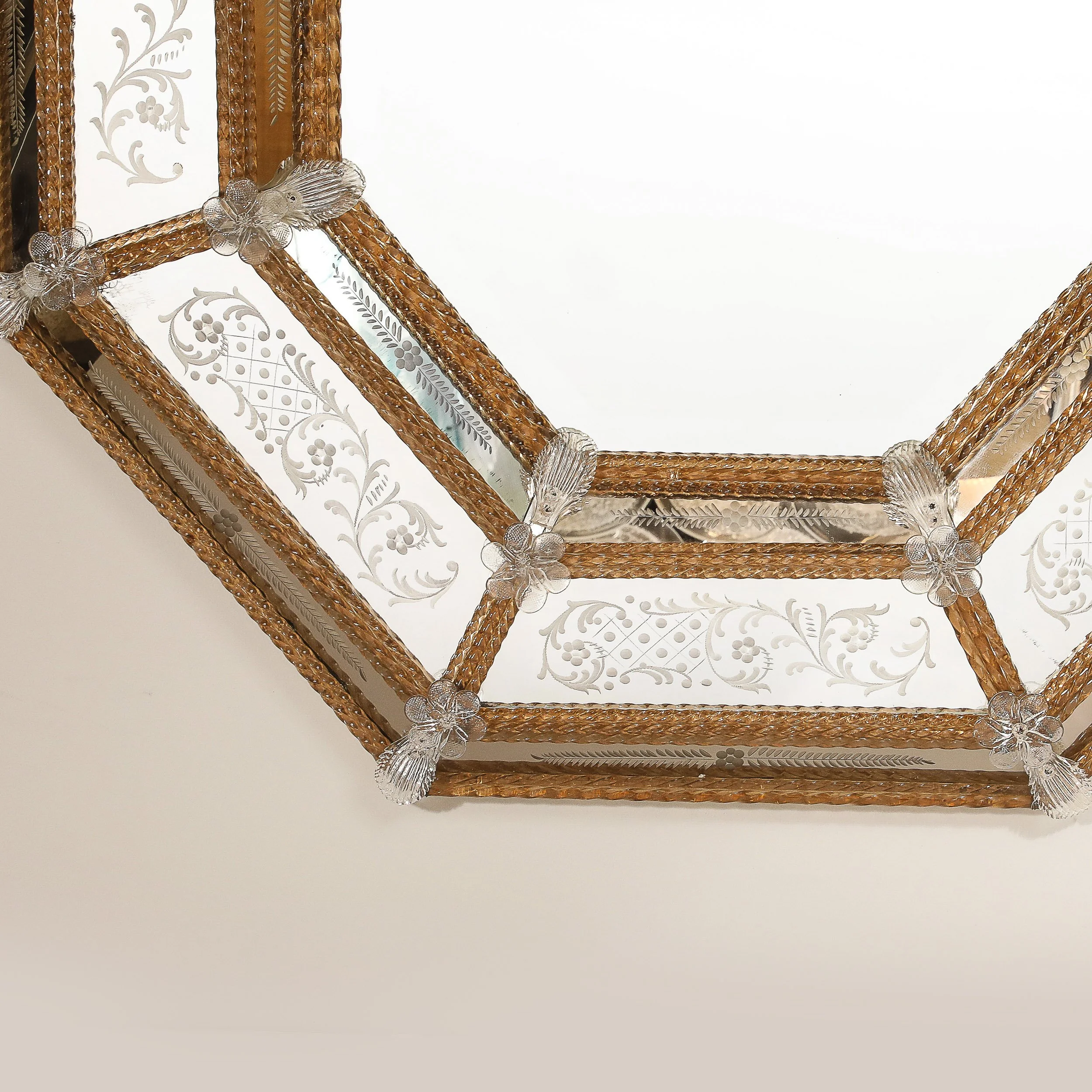 Mid-Century Octagonal Amber Glass & Transparent Floret Venetian Glass Mirror - High Style Deco 2.jpg