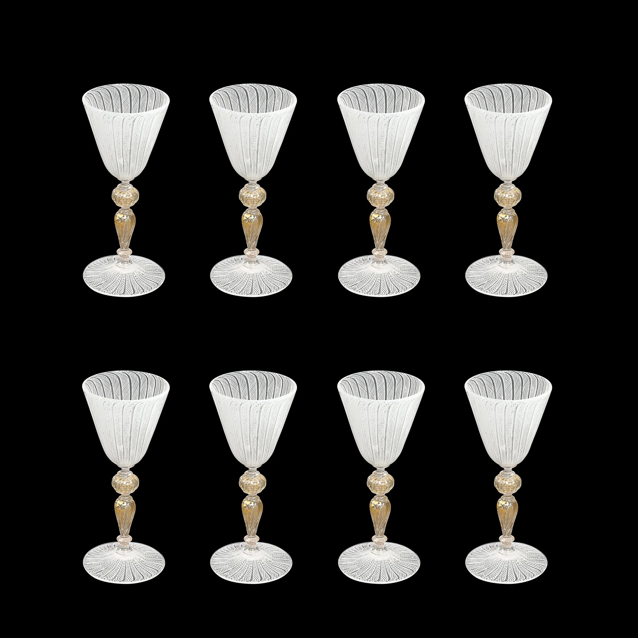 Set of 8 Antique Hand-Blown Latticino Murano Wine Glasses W:24K Gold by Salviati - High Style Deco 16.jpg