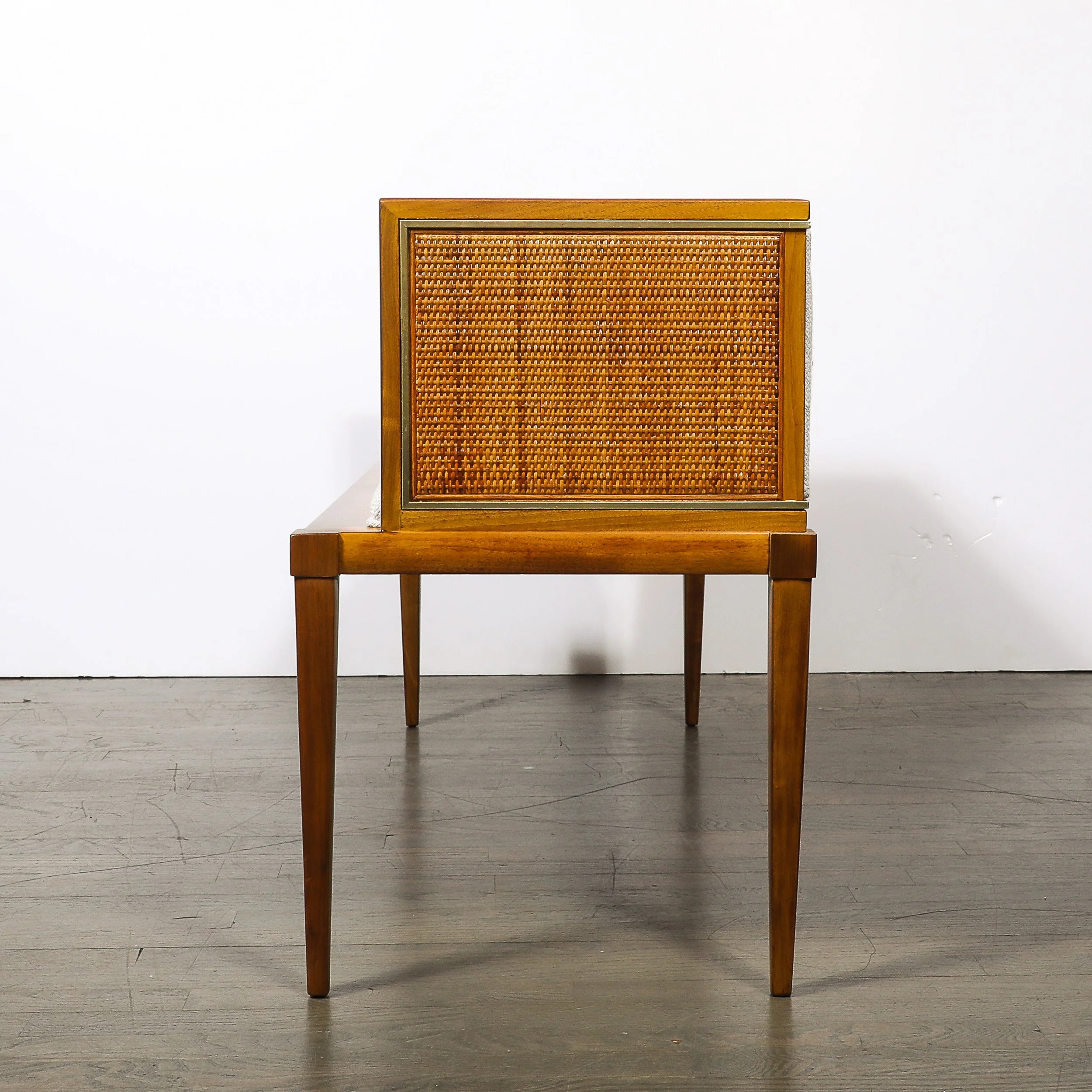Mid-Century Brass Lined Walnut Settee w: Cane Detailing & Holly Hunt Upholstery - High Style Deco 9.jpg