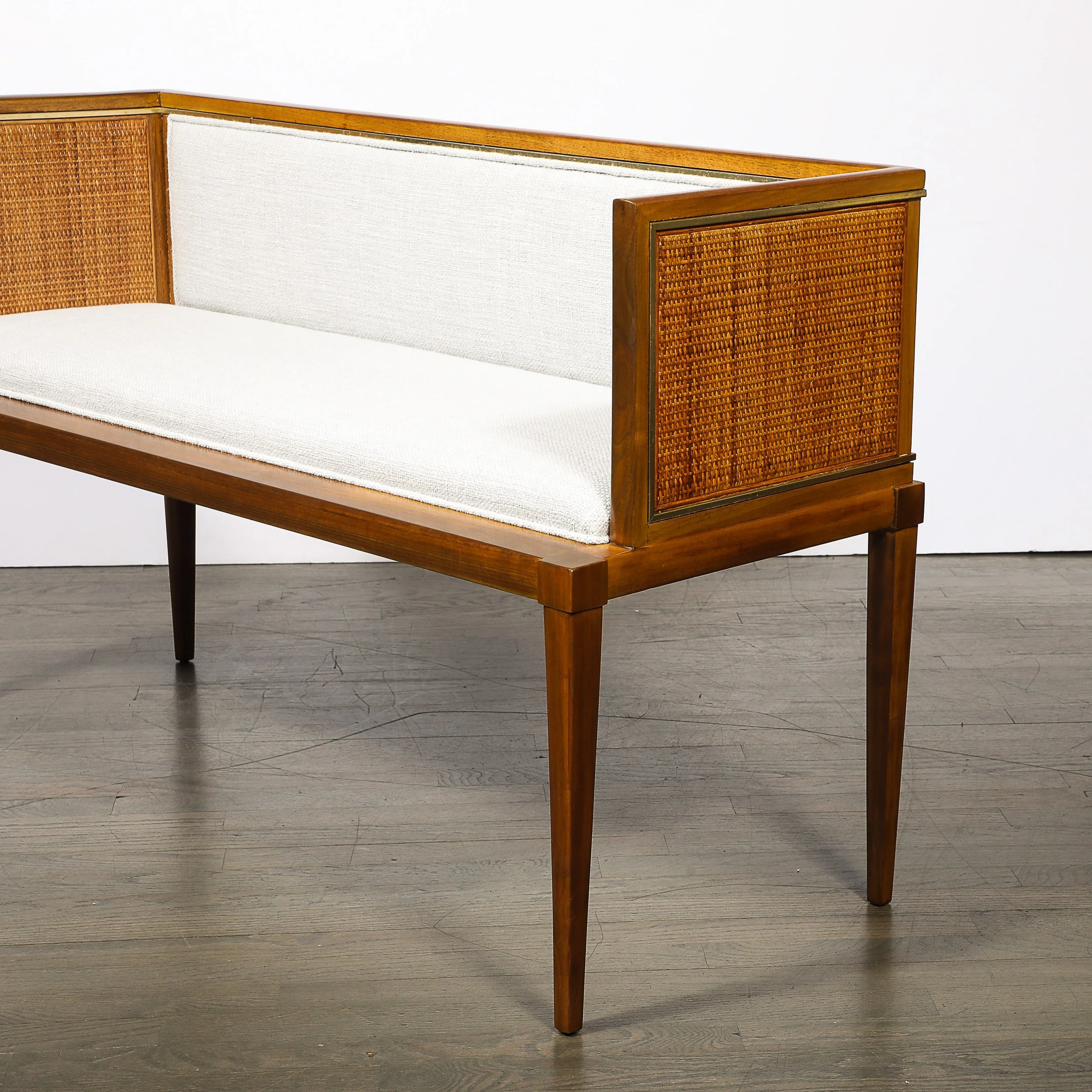 Mid-Century Brass Lined Walnut Settee w: Cane Detailing & Holly Hunt Upholstery - High Style Deco 6.jpg