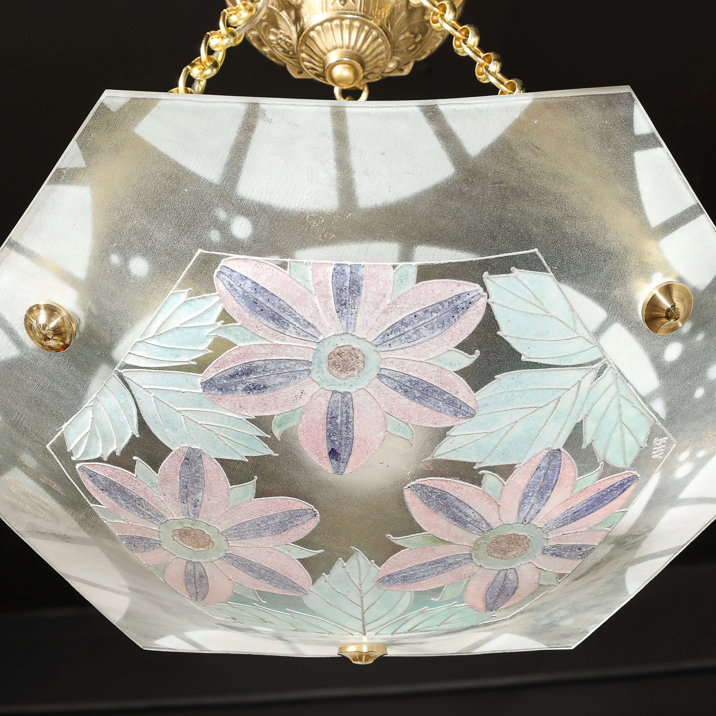 Art Deco Hexagonal Frosted & Pressed Glass Pendant w: Floral Details signed BHV - High Style Deco 15.jpg
