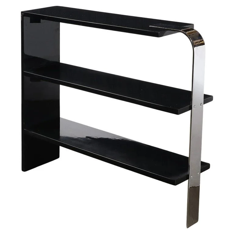 Art Deco Streamlined 3-Tier End Table:Bookcase in Black Lacquer w: Curved Chrome - High Style Deco 20.jpg