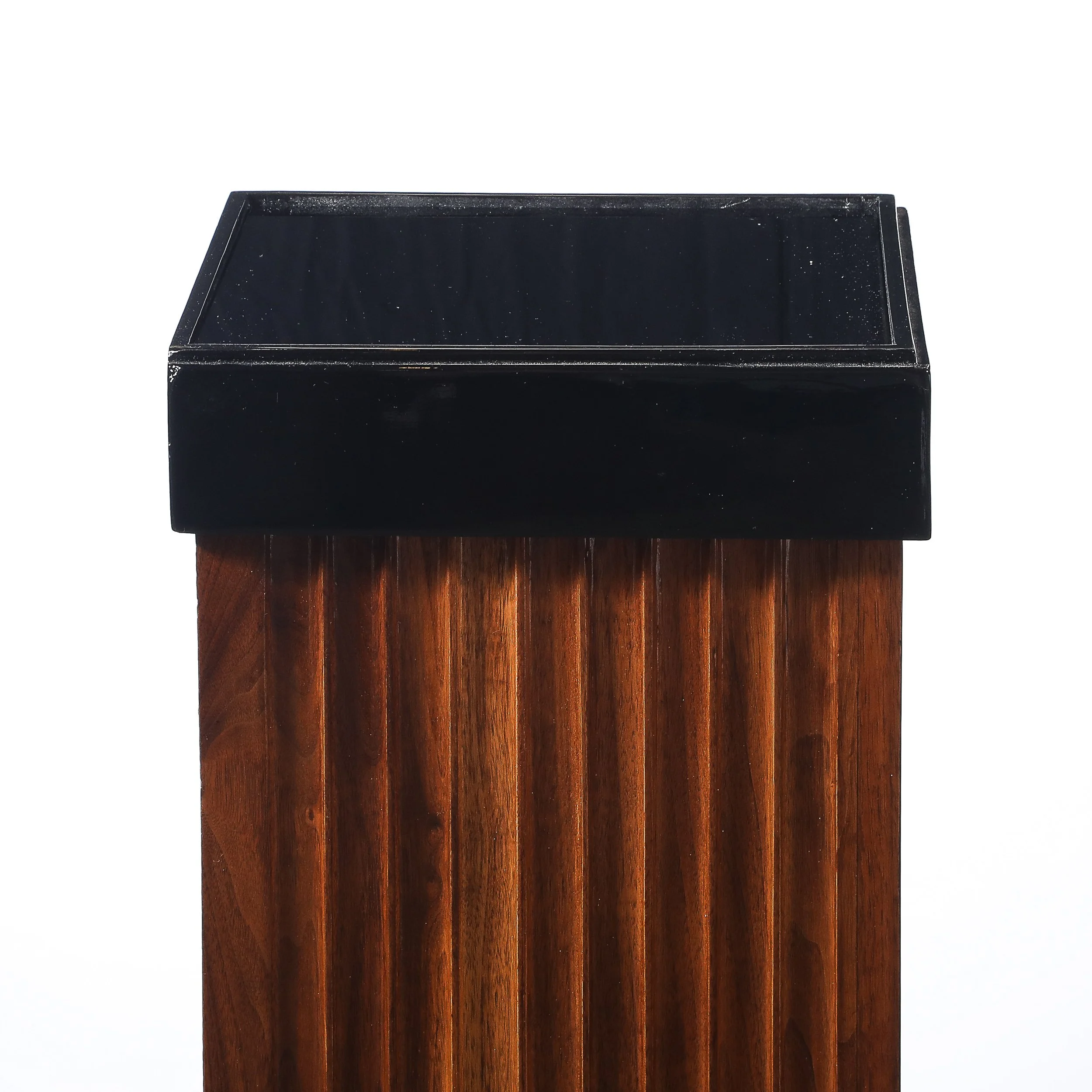 Pair of Art Deco Pedestals in Fluted Walnut & Black Lacquer Bases w: Glass Tops - High Style Deco 12.jpg