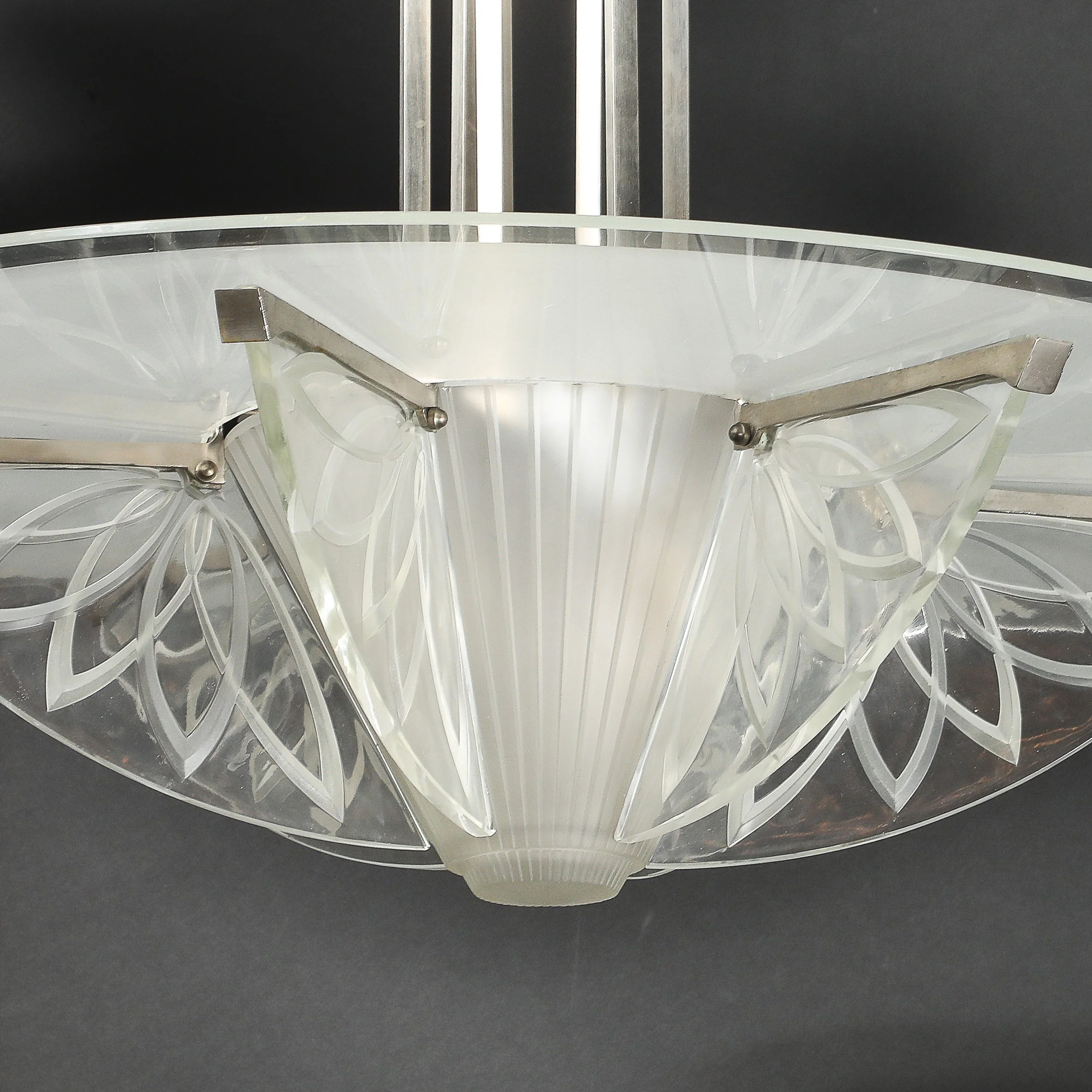 Art Deco Machine Age Frosted, Etched Glass & Nickel Chandelier by Pierre D'Avsen - High Style Deco 23.jpg