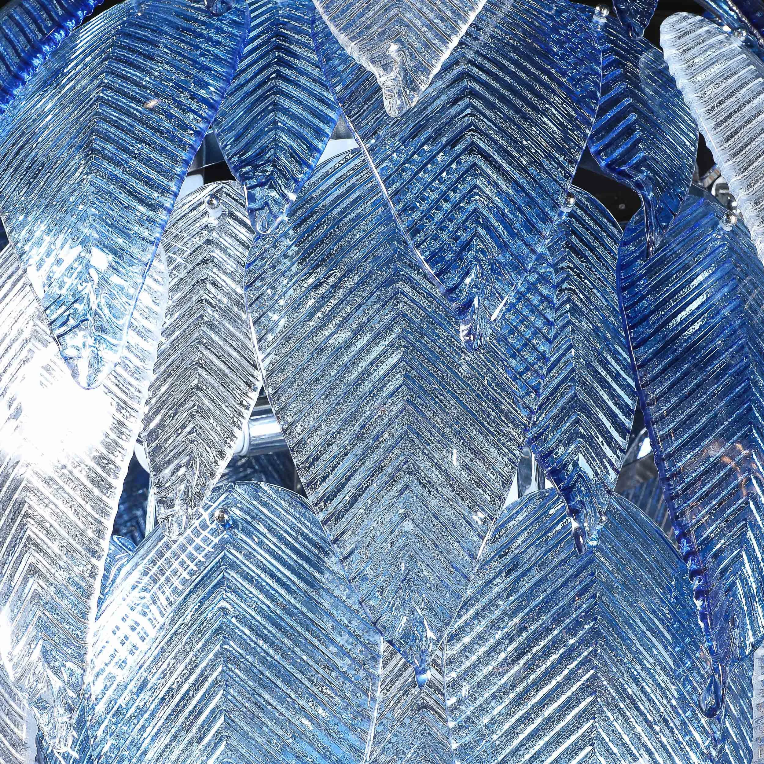 Modernist Hand-Blown Reeded Blue & Clear Murano Glass Leaf Chandelier w: Chrome - High Style Deco 20.jpg