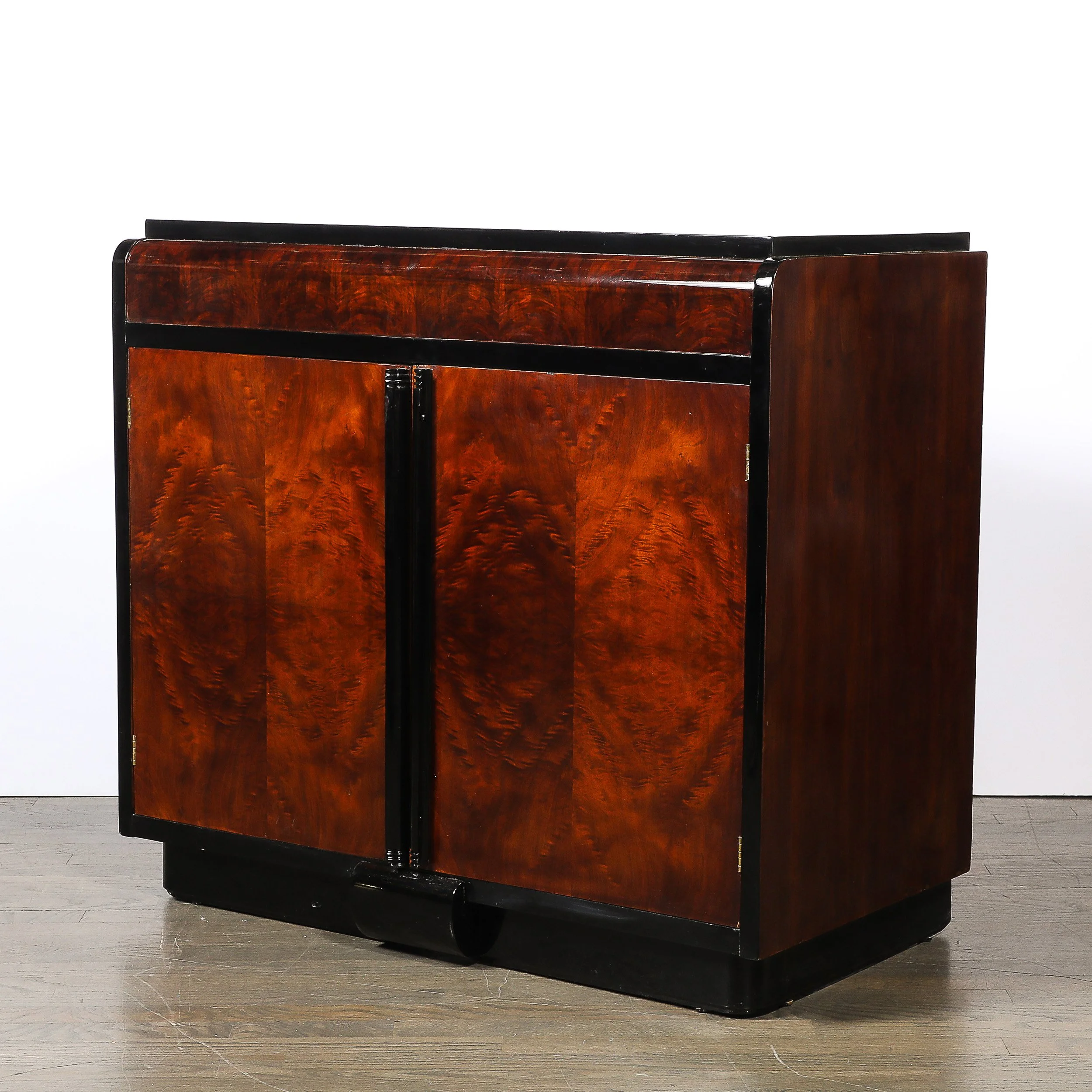 Art Deco Machine Age Waterfall Front Book-Matched Walnut & Black Lacquer Cabinet - High Style Deco 3.jpg