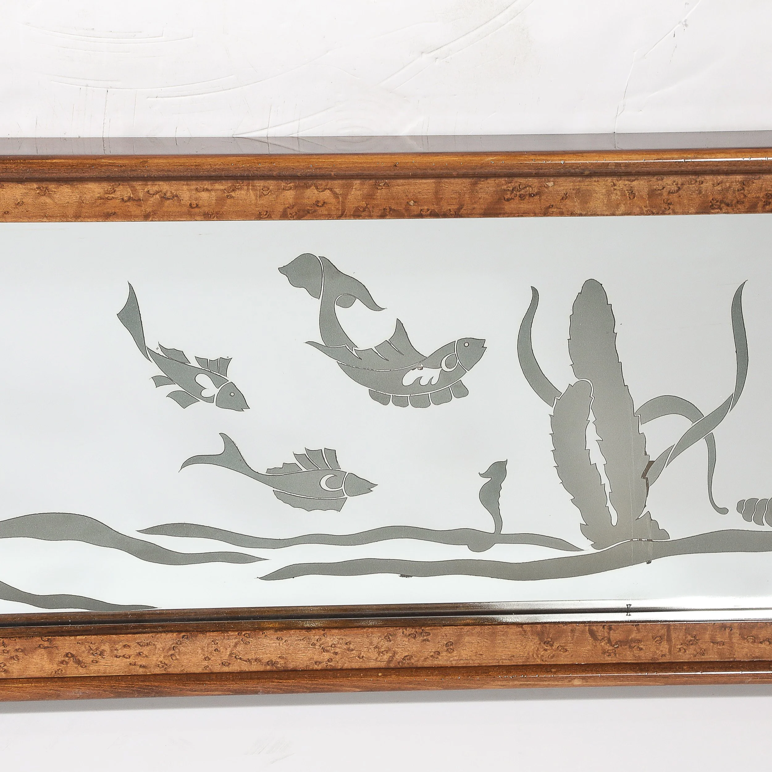 Mid-Century Burled Walnut Bordered Mirror W: Graphic Acid Etched Oceanic Motif - High Style Deco 5.jpg