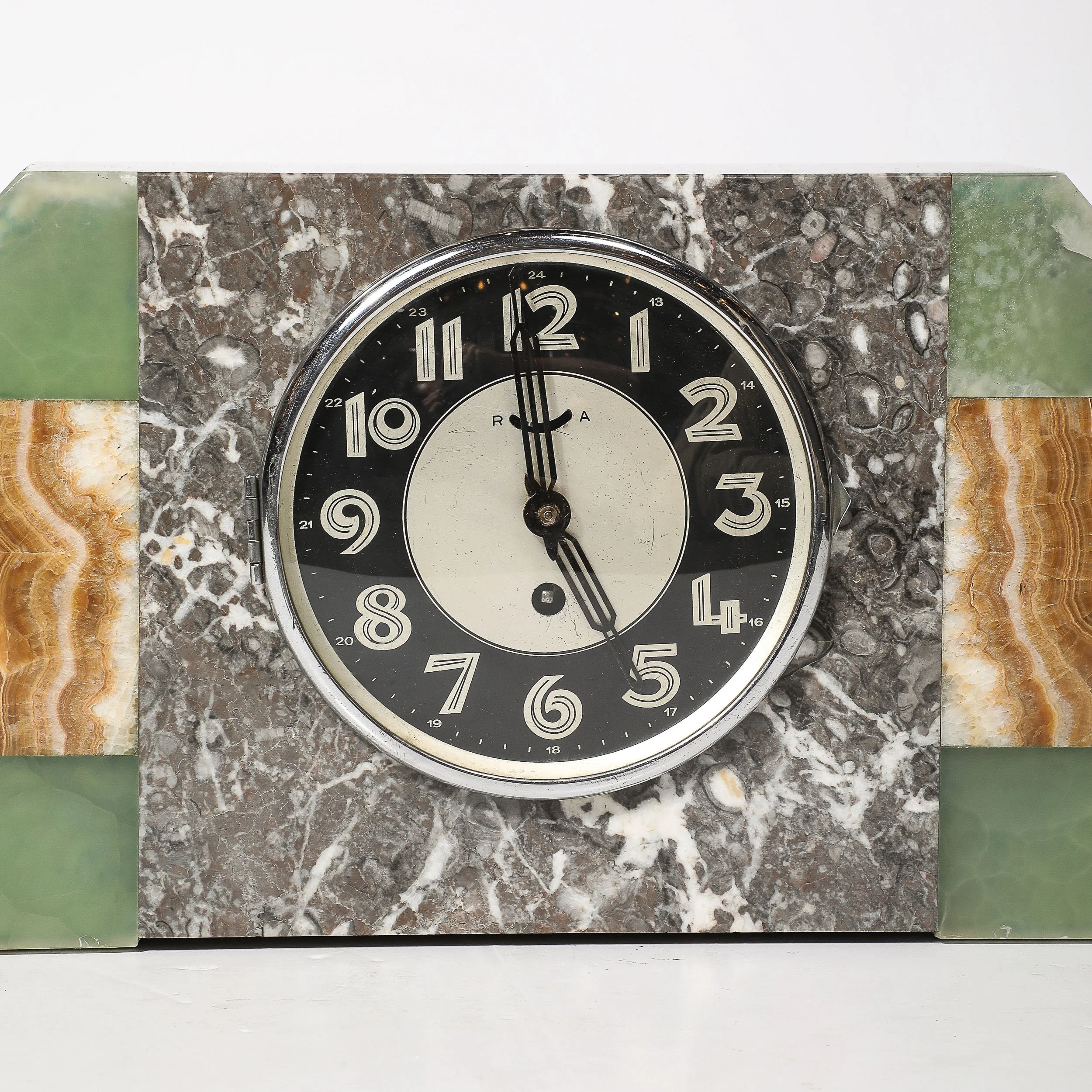 Art Deco Exotic Marble & Onyx Mantlepiece Clock w: Stylized Arabic Numeral Dial - High Style Deco 1.jpg