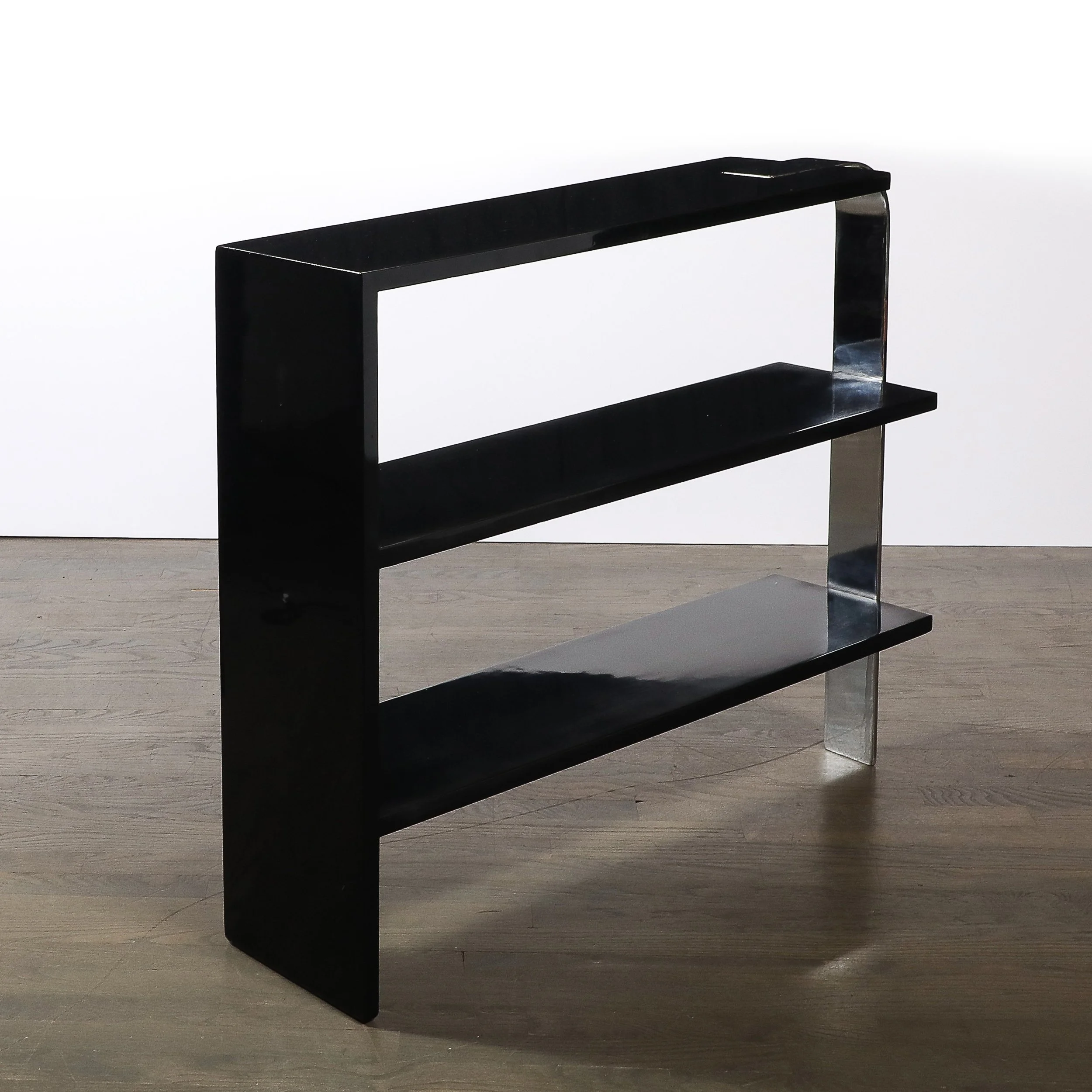 Art Deco Streamlined 3-Tier End Table:Bookcase in Black Lacquer w: Curved Chrome - High Style Deco 7.jpg
