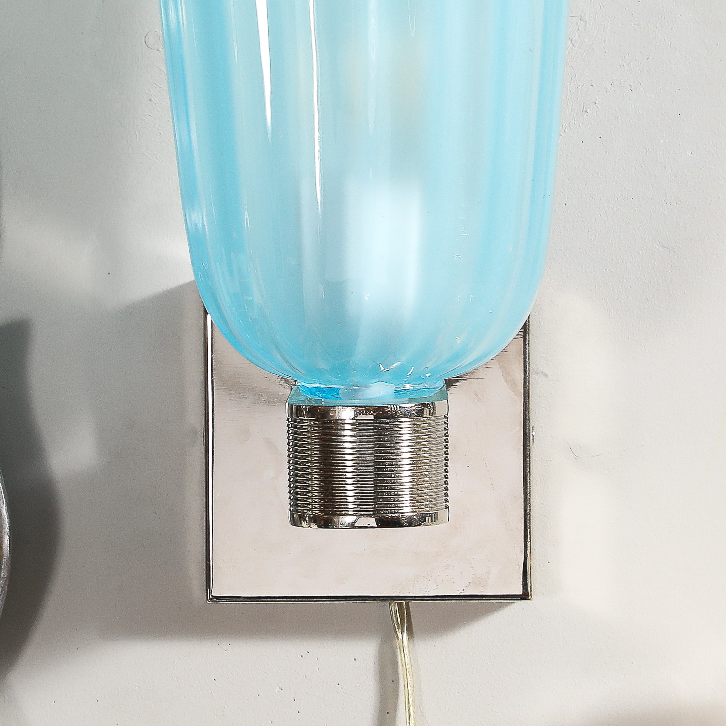 Pair of Modernist Hand-Blown Murano Arctic Blue Fluted Glass Sconces & Nickel - High Style Deco 14.jpg