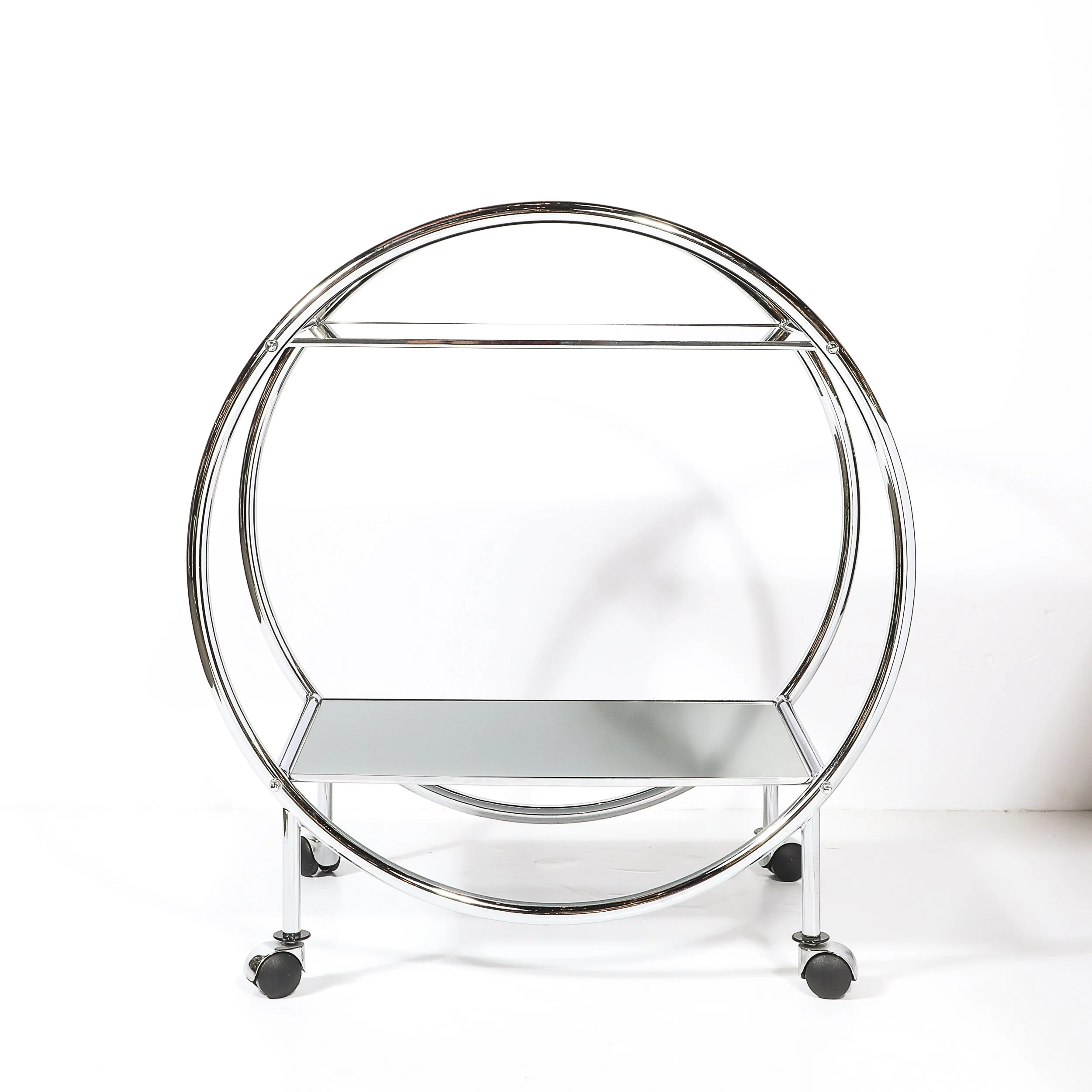 Art Deco Style Round Form Tubular Two-Tier Bar Cart in Chrome and Smoked Mirror - High Style Deco 1.jpg