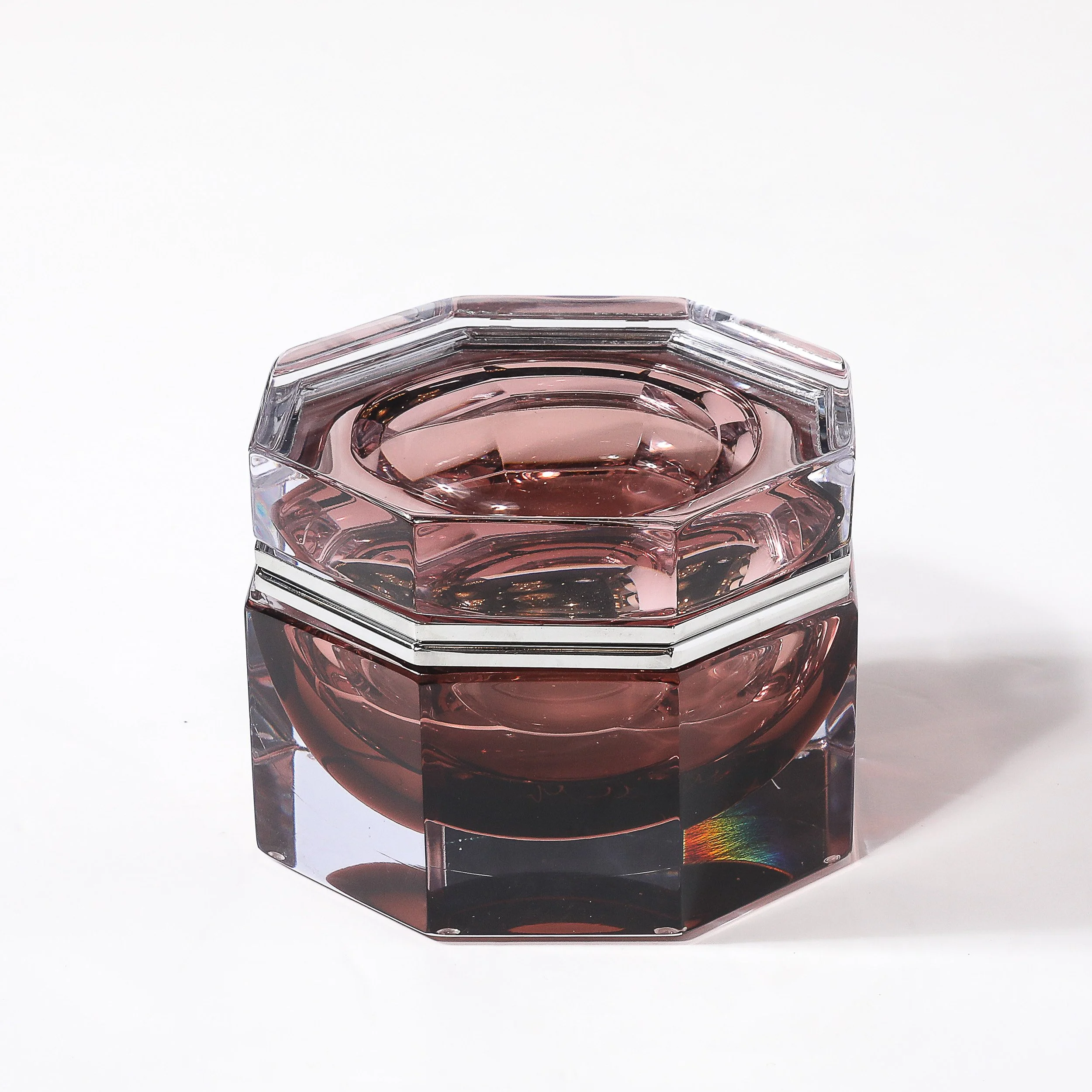 Modernist Octagonal Handblown Murano Glass Box in Smoked Ruby W: Polished Nickel - High Style Deco 6.jpg