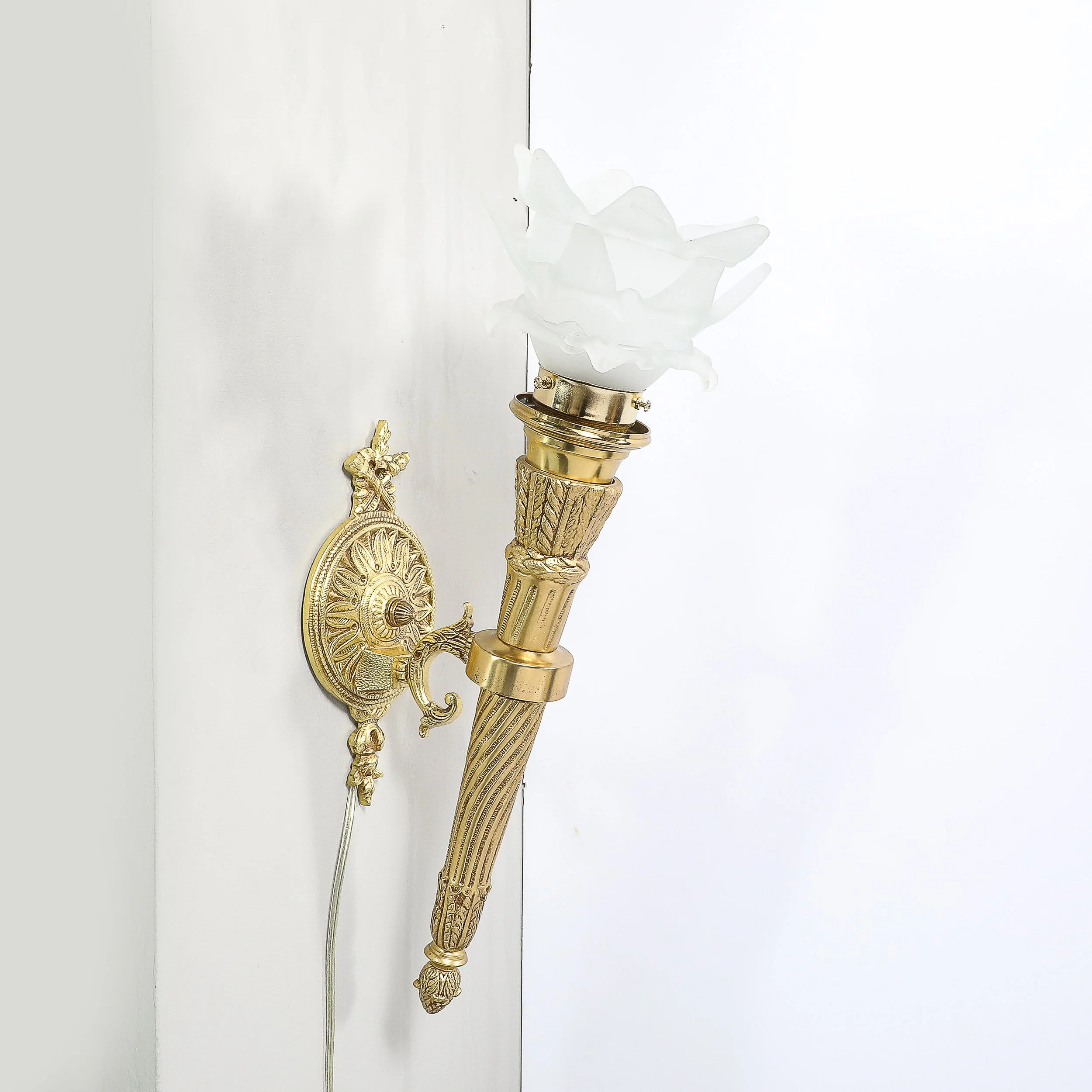 Pair of Neoclassical Style Torch Form Sconces with Frosted Glass Shades - High Style Deco 10.jpg