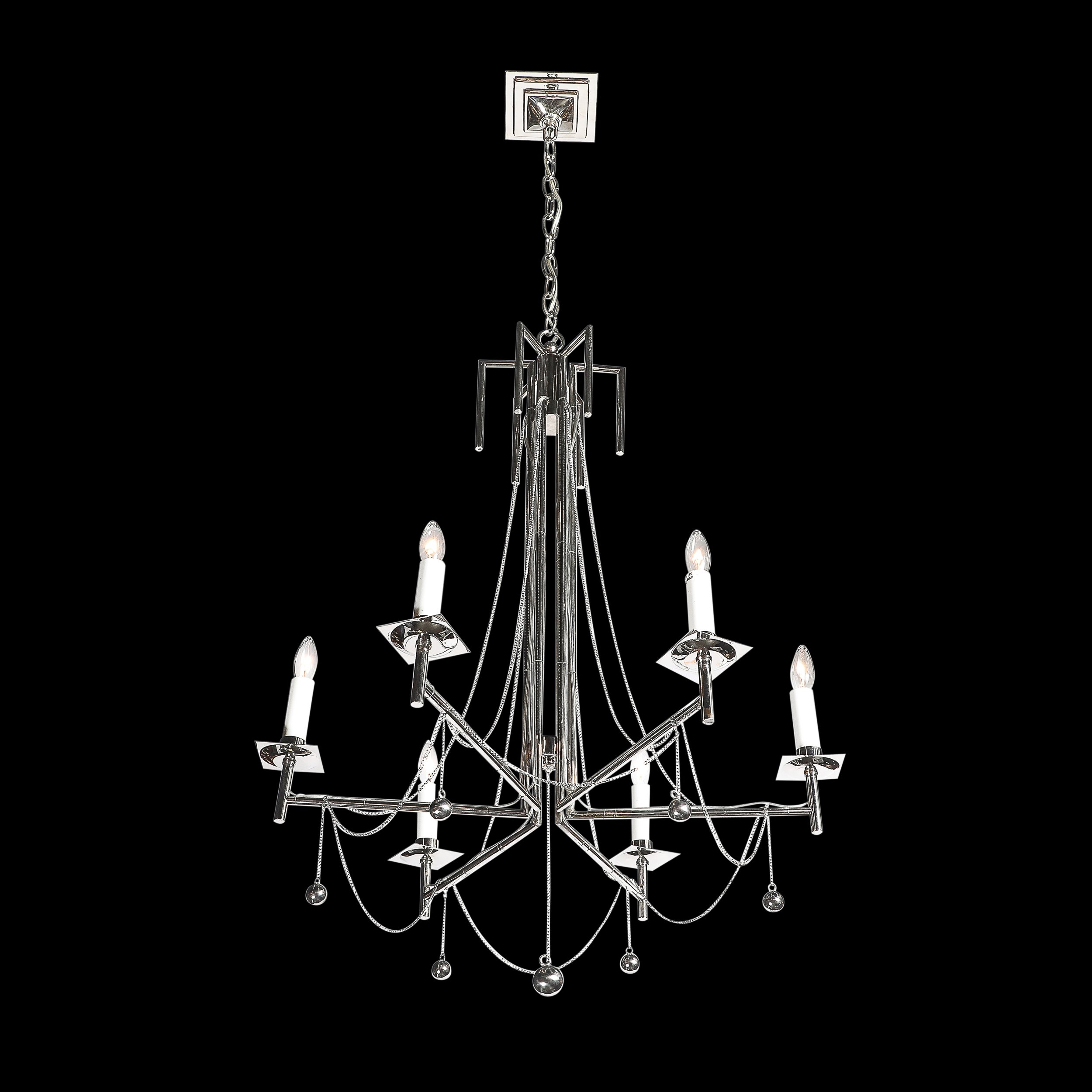 Modernist Polished Nickel Six Arm Chandelier w: Chain & Spherical Detailing - High Style Deco 1.jpg