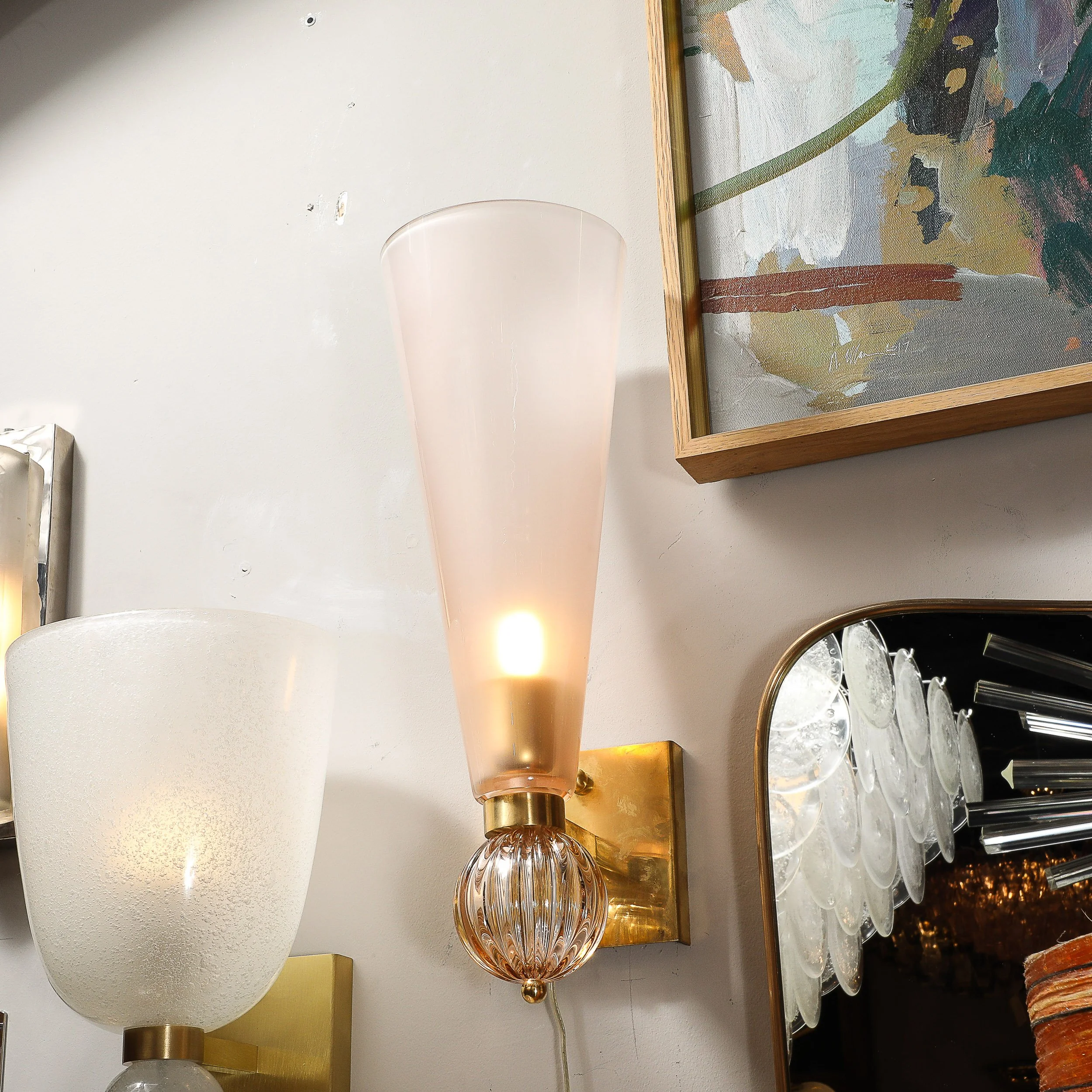 Modernist Hand-Blown Smoked Garnet Conical Murano Glass & Orbital Drop Sconces - High Style Deco 12.jpg