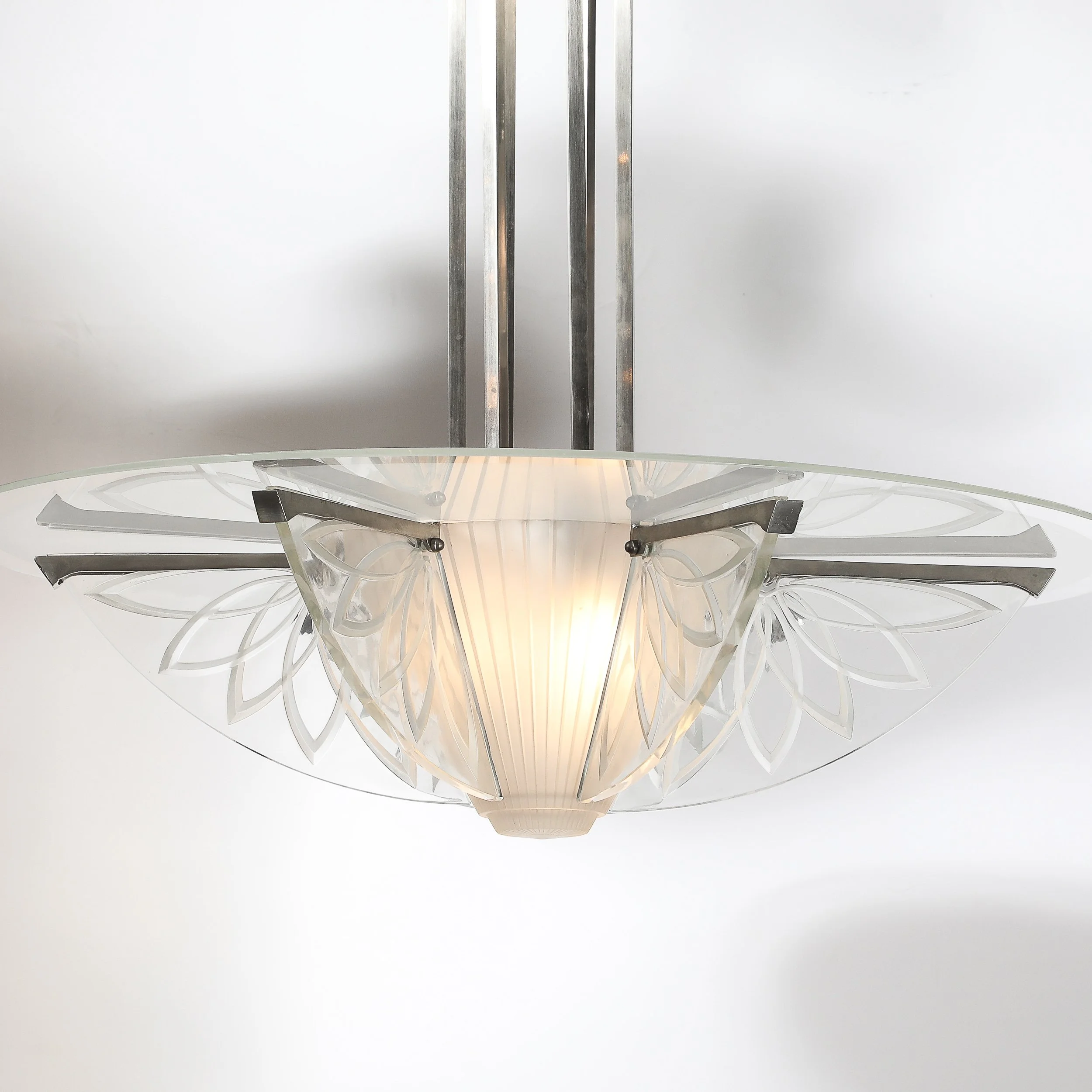 Art Deco Machine Age Frosted, Etched Glass & Nickel Chandelier by Pierre D'Avsen - High Style Deco 2.jpg