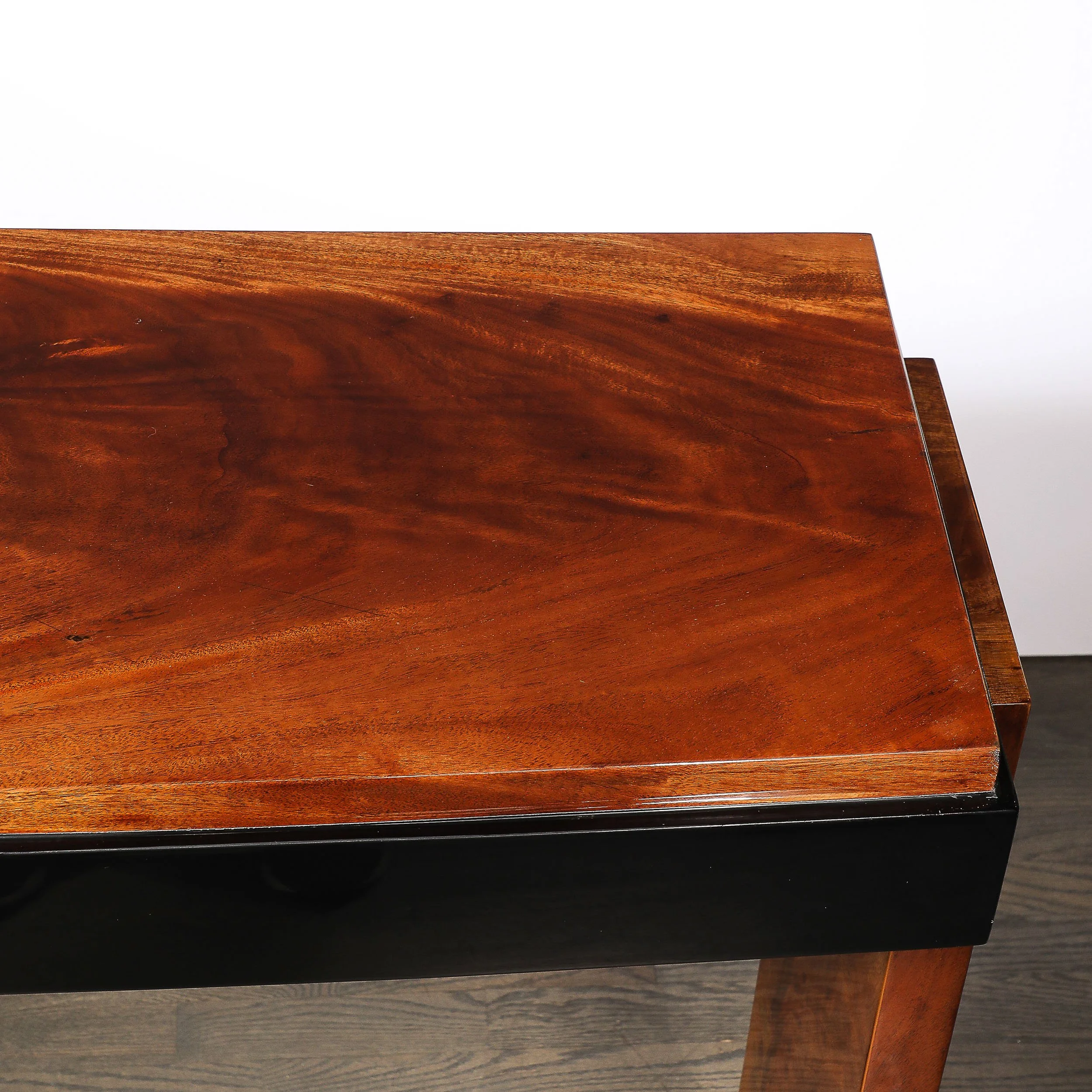 Art Deco Machine Age Book-Matched Walnut w: Black Lacquer Accent Console Tables - High Style Deco 17.jpg
