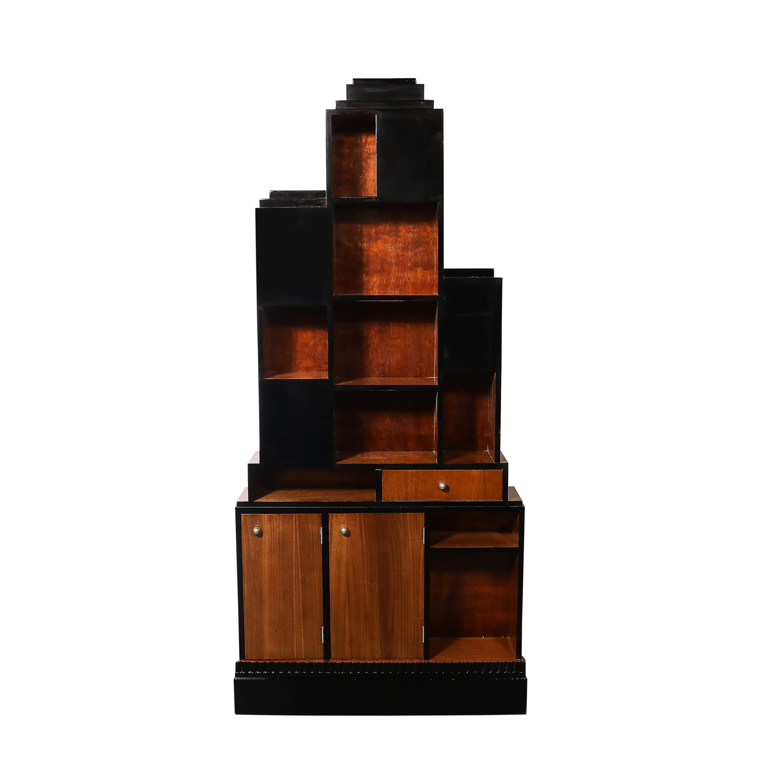 Art Deco Walnut & Black Lacquer Skyscraper Style Bookshelf with Chrome Pulls - High Style Deco.jpg