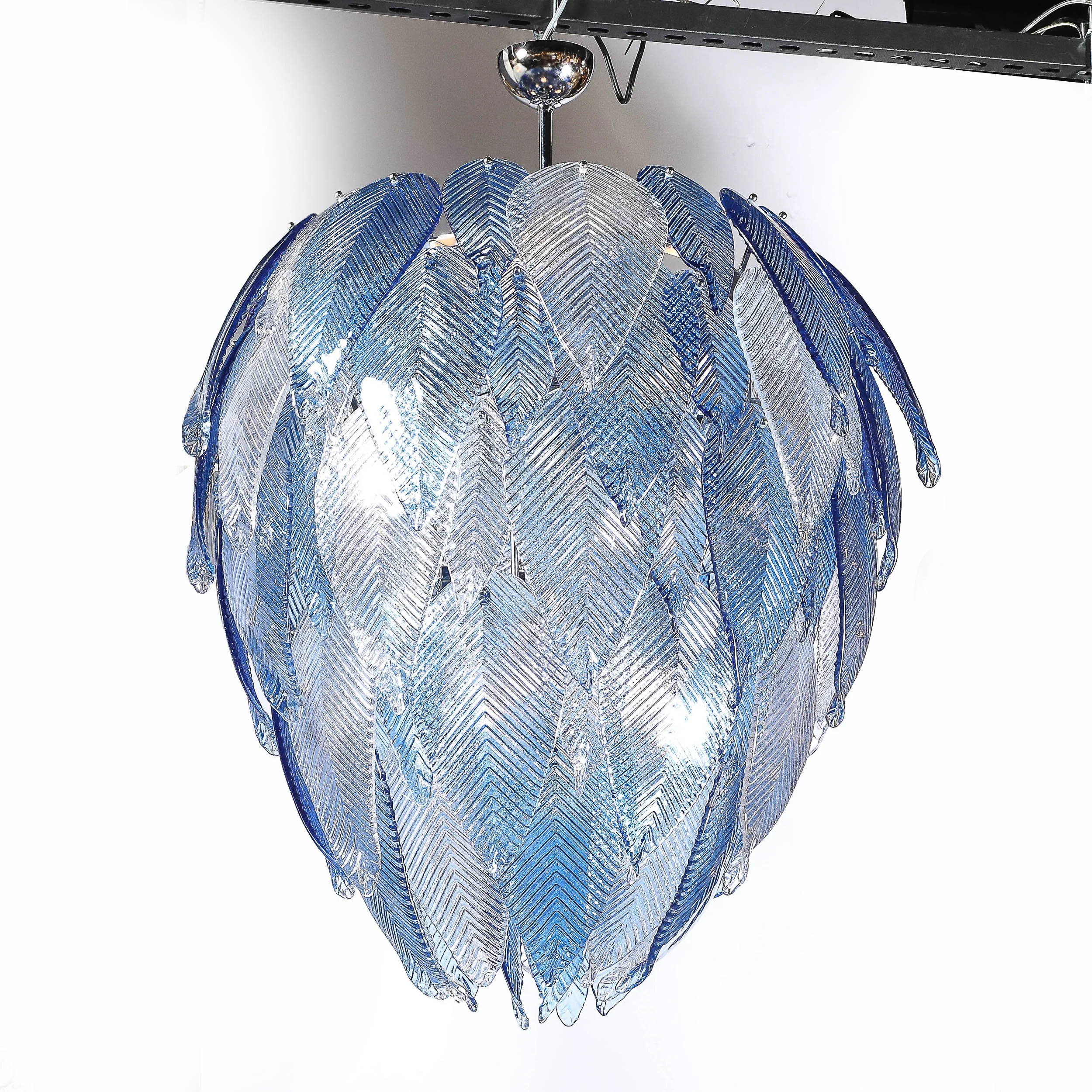 Modernist Hand-Blown Reeded Blue & Clear Murano Glass Leaf Chandelier w: Chrome - High Style Deco 5.jpg