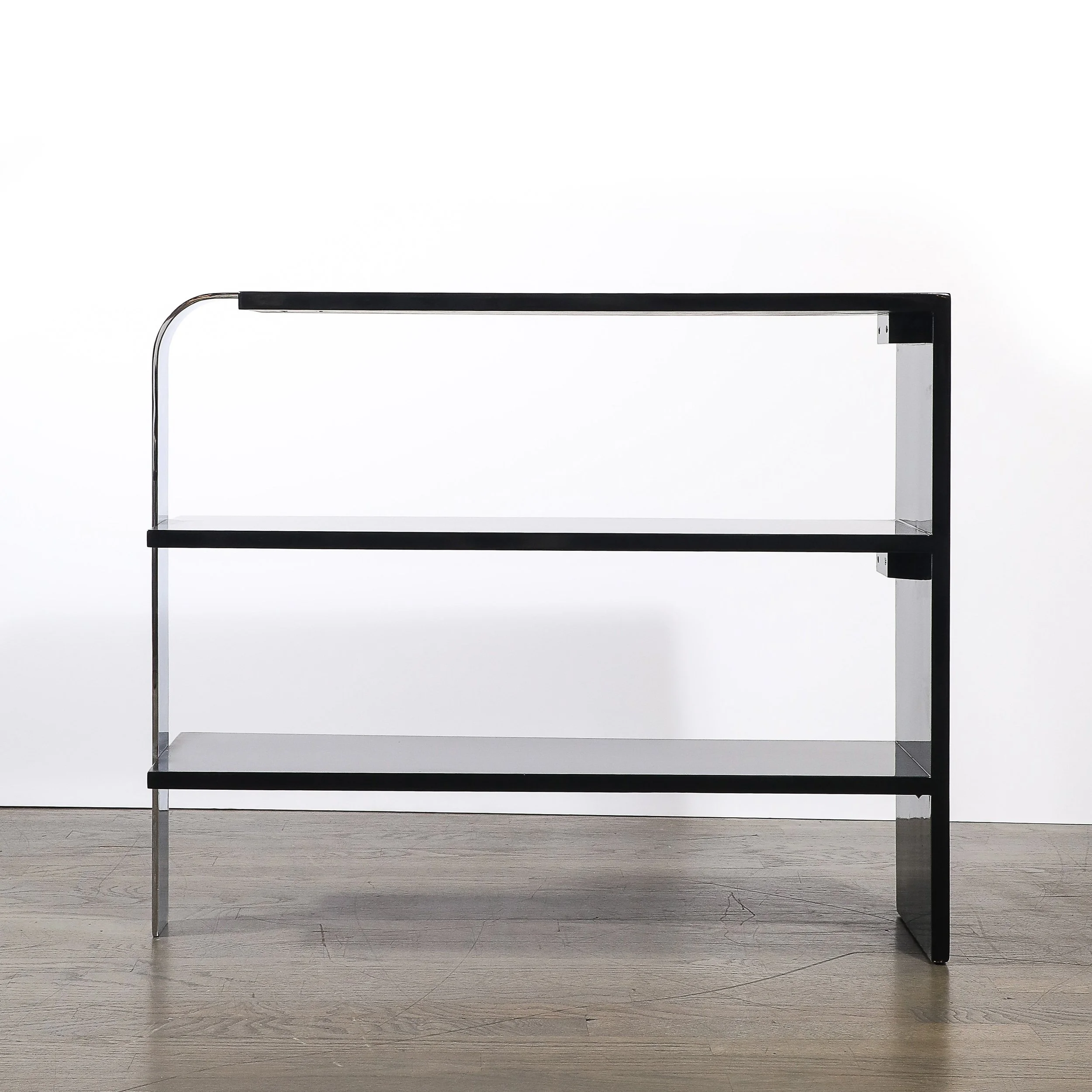 Art Deco Streamlined 3-Tier End Table:Bookcase in Black Lacquer w: Curved Chrome - High Style Deco 10.jpg