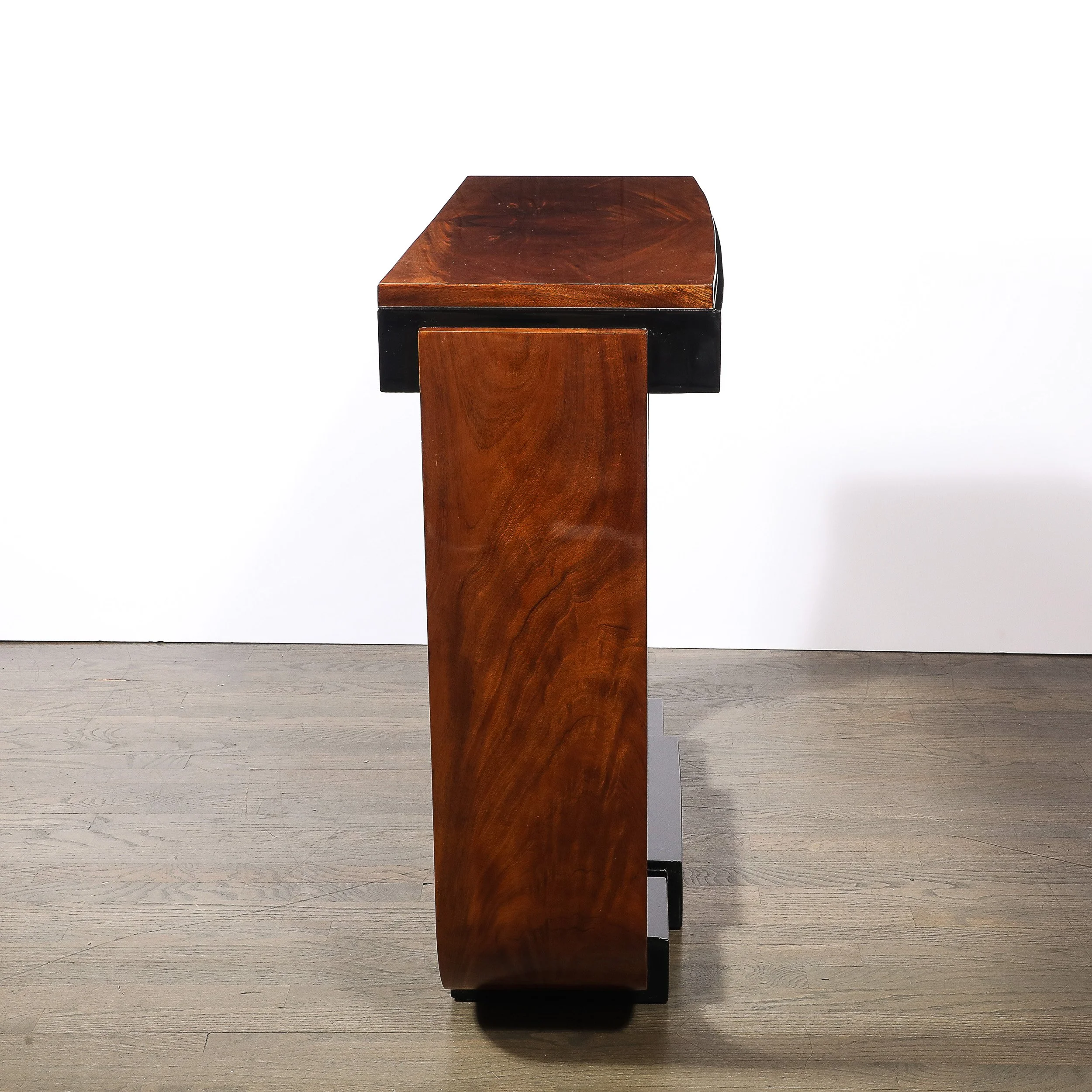 Art Deco Machine Age Book-Matched Walnut w: Black Lacquer Accent Console Tables - High Style Deco 8.jpg