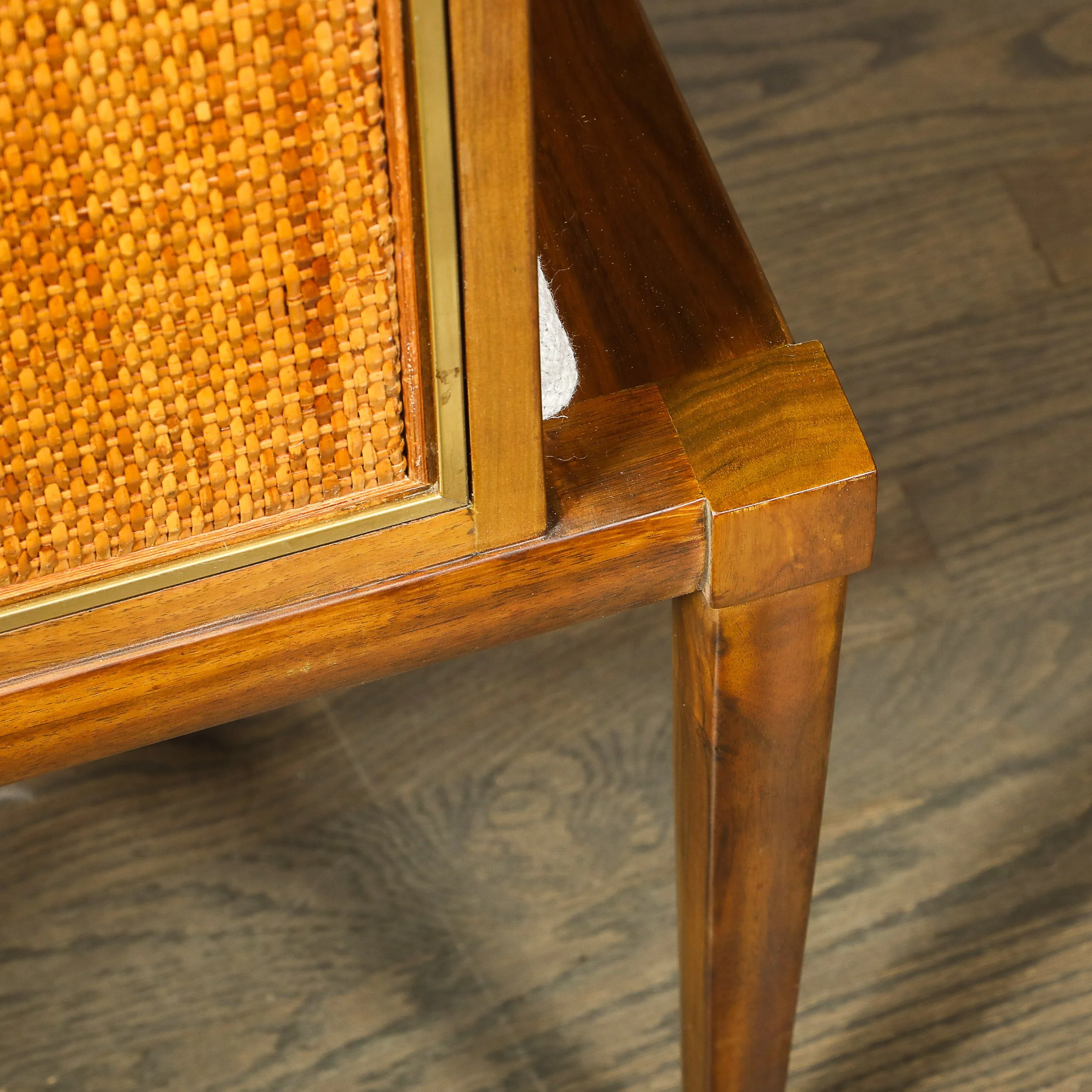 Mid-Century Brass Lined Walnut Settee w: Cane Detailing & Holly Hunt Upholstery - High Style Deco 16.jpg