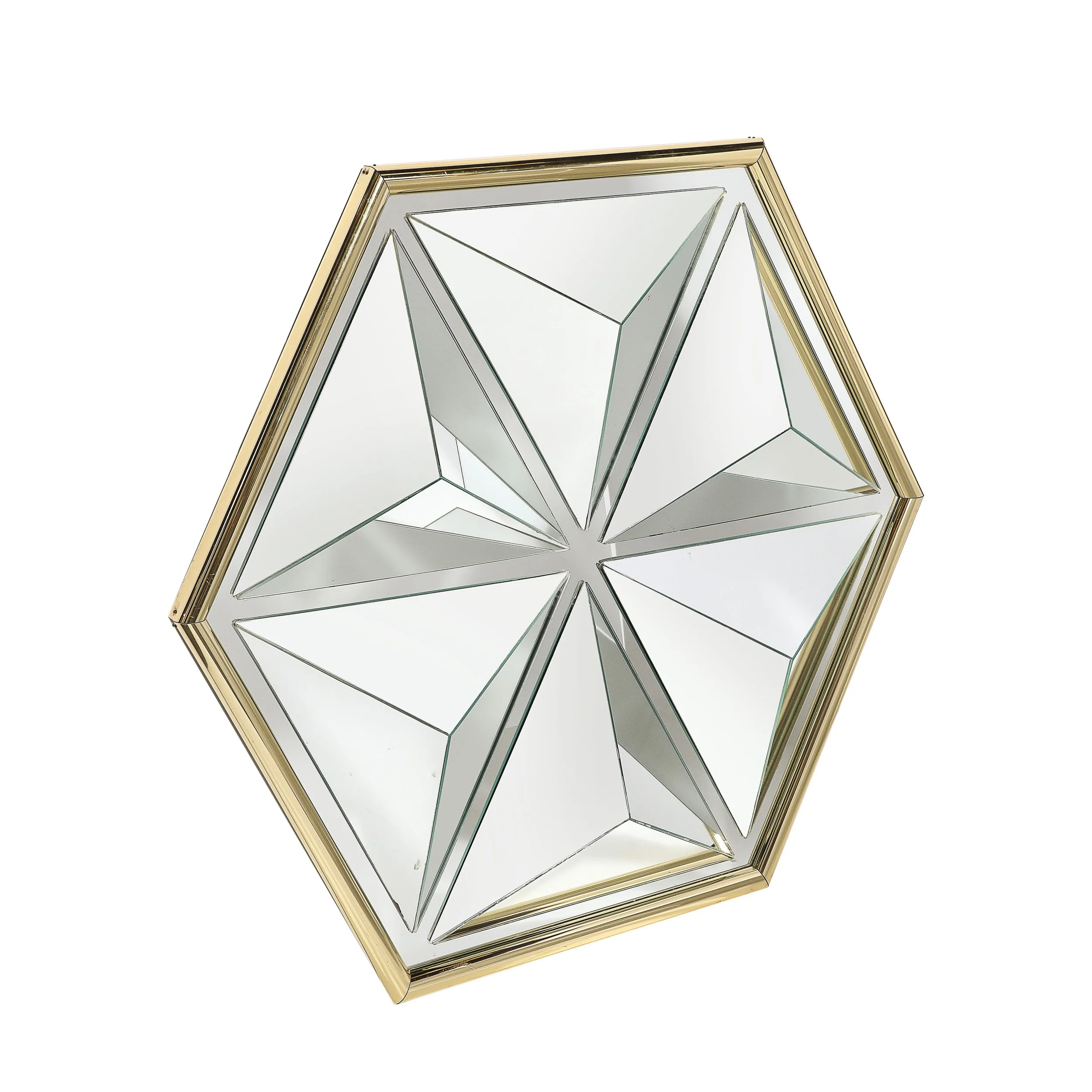 Mid-Century Hexagonal Segmented Kaleidoscopic Mirror W: Rounded Brass Frame - High Style Deco 1.jpg