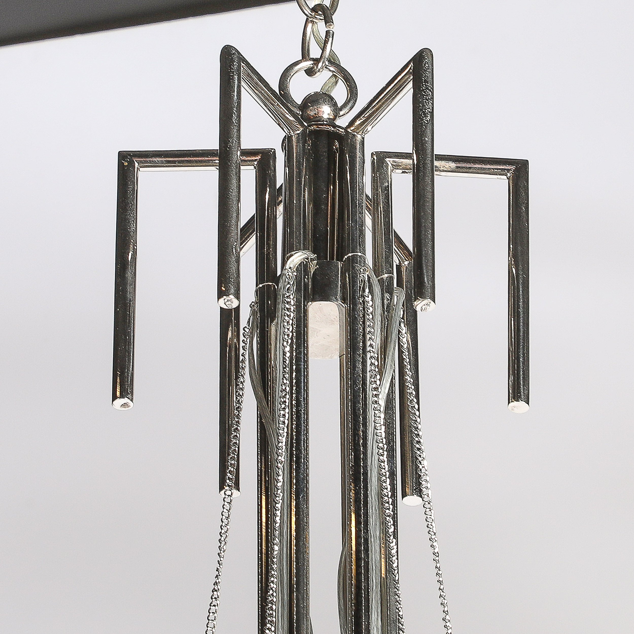 Modernist Polished Nickel Six Arm Chandelier w: Chain & Spherical Detailing - High Style Deco 3.jpg