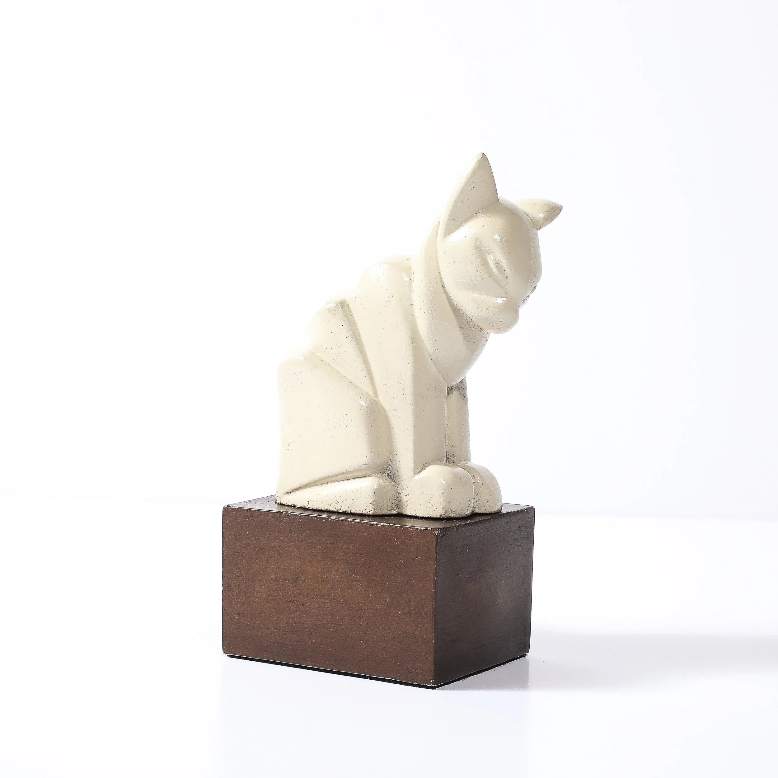 Art Deco Cubist Cat Sculpture in Cream Enamel on Brown Rectilinear Base - High Style Deco 3.jpg