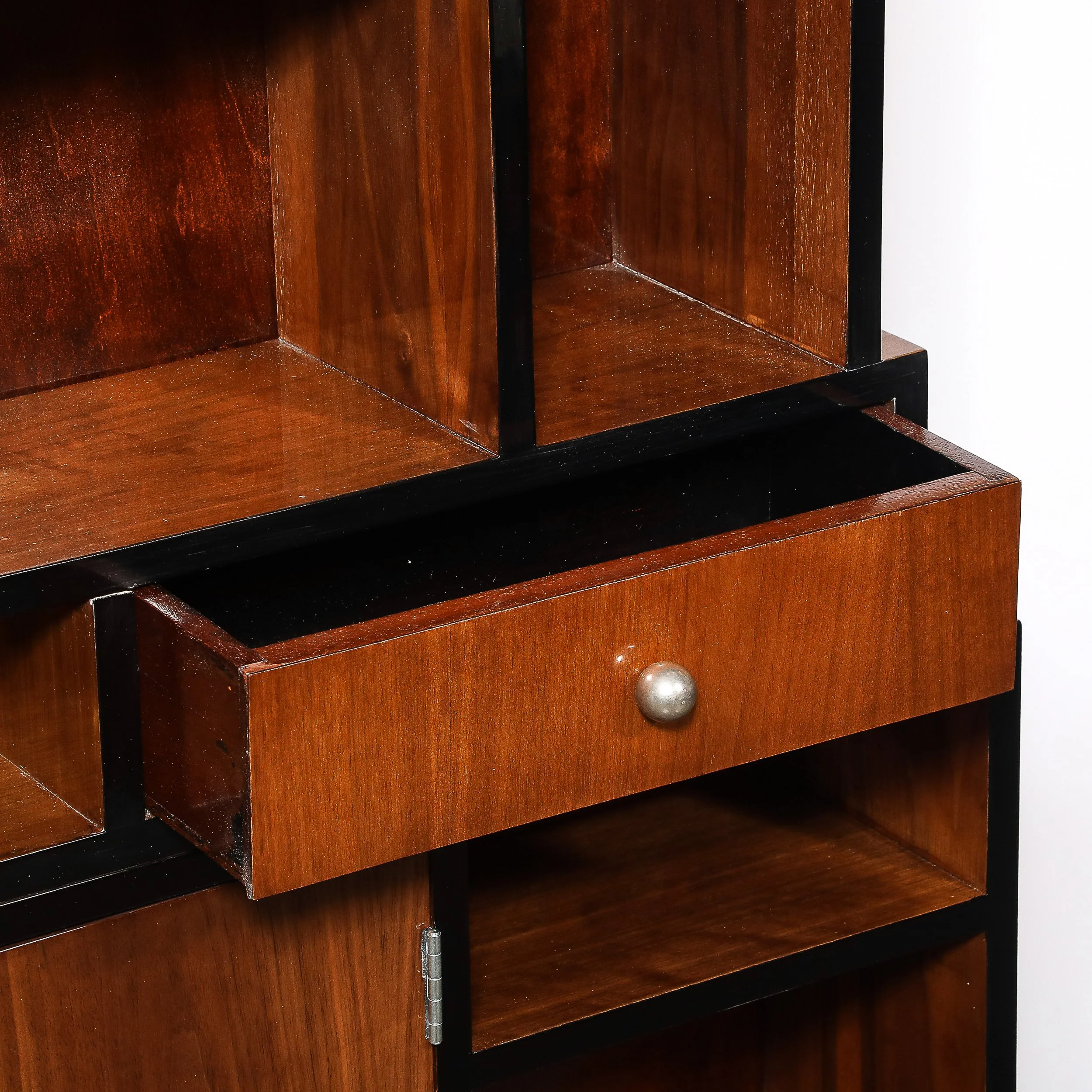 Art Deco Walnut & Black Lacquer Skyscraper Style Bookshelf with Chrome Pulls - High Style Deco 3.jpg