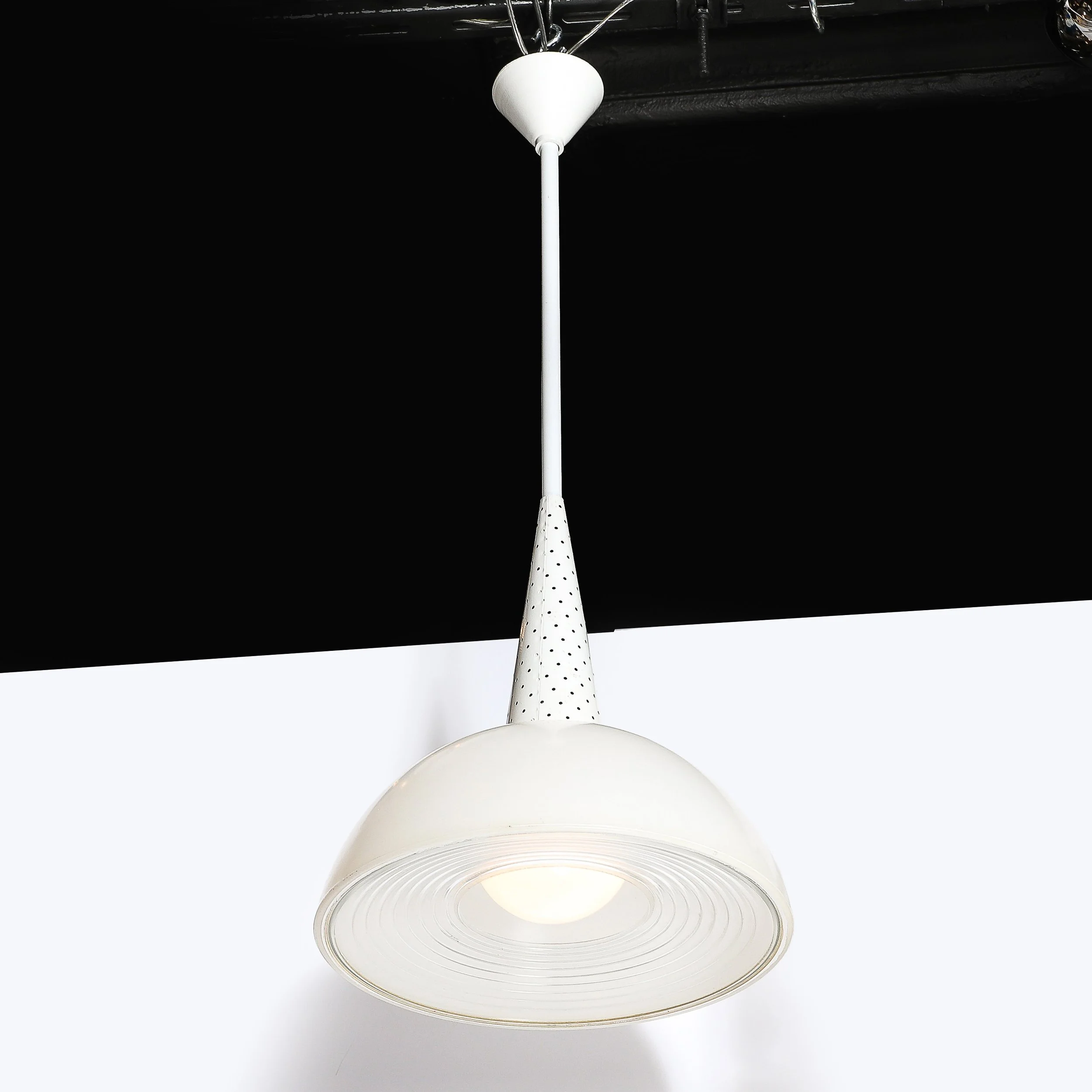 Mid-Century Aluminum, Steel & Holophane Glass Diffuser Pendant by Mathieu - High Style Deco 1.jpg