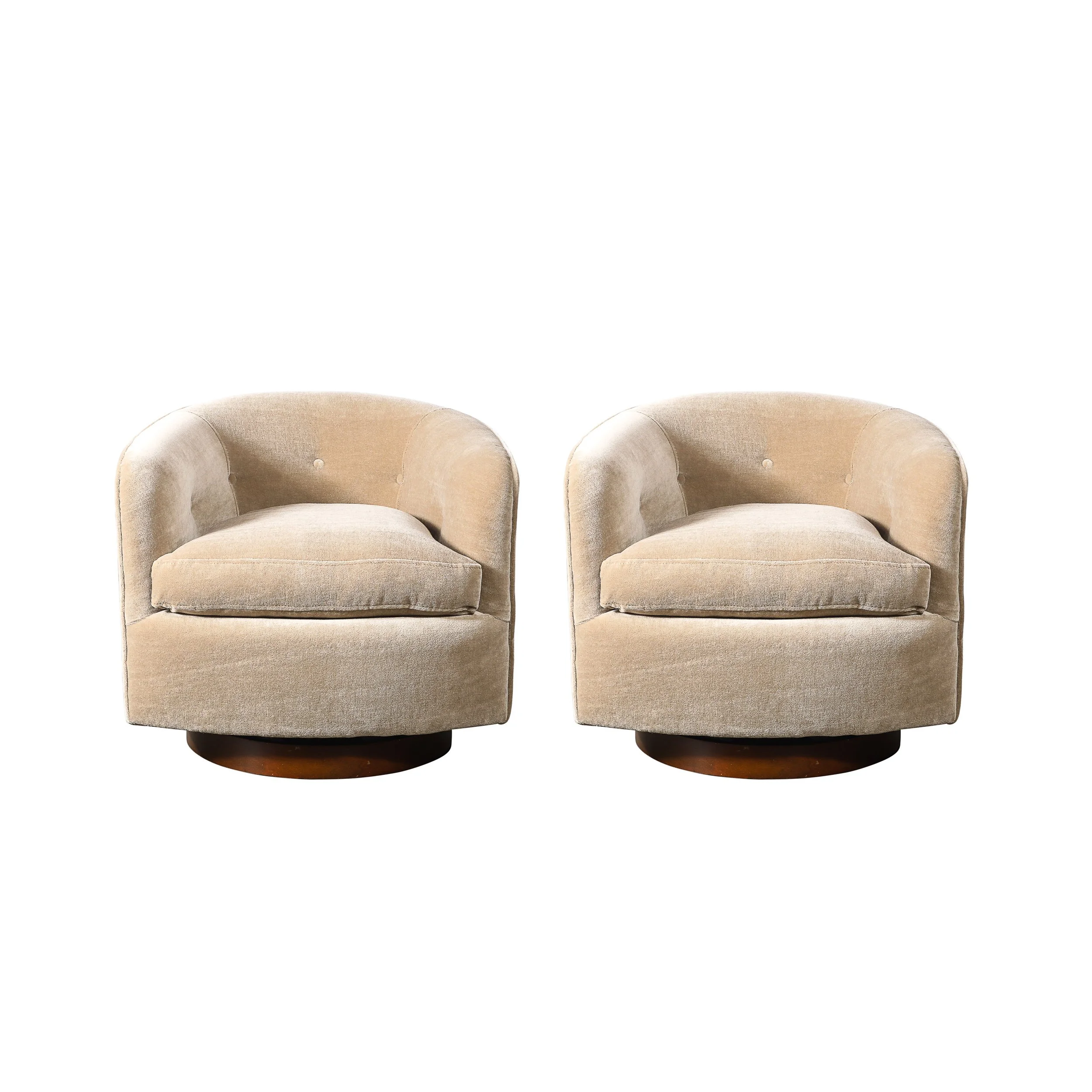 Mid-Century Swivel Club Chairs in Taupe Velvet W: Walnut Bases by Milo Baughman - High Style Deco 10.jpg