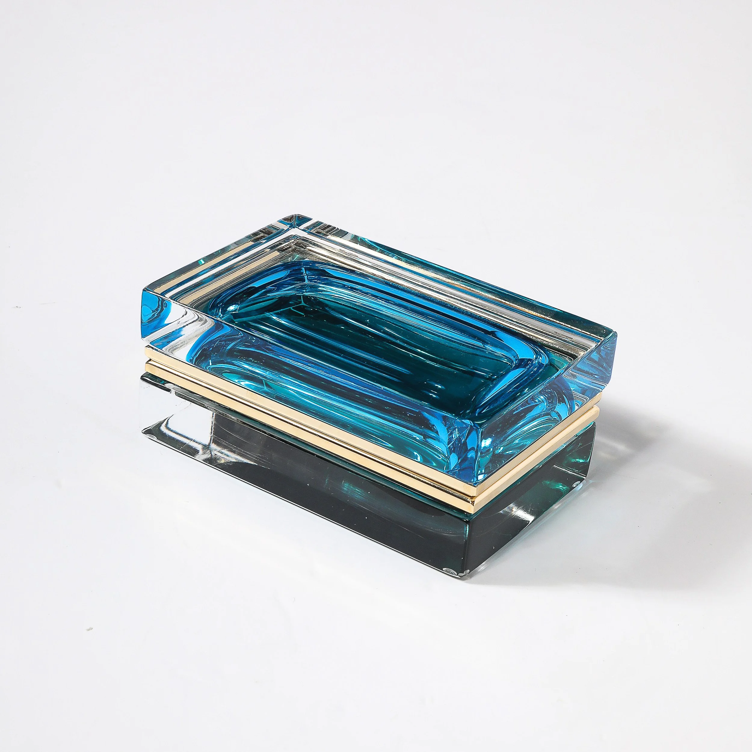 Modernist Hand-Blown Murano Glass Box in Ultramarine & Phthalo w: Polished Brass - High Style Deco 10.jpg