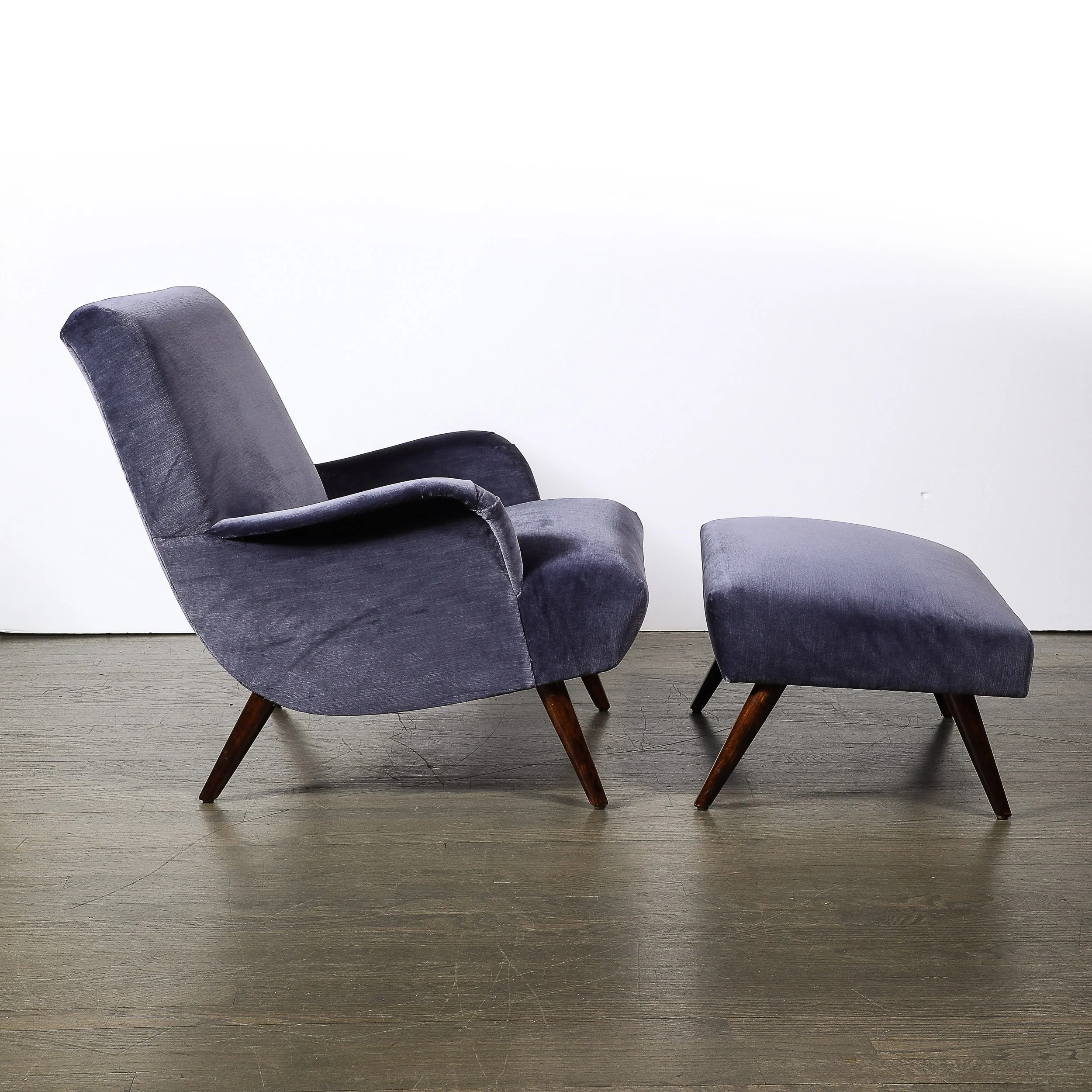 Mid-Century Lounge Chair & Ottoman in Aubergine Velvet & Tapered Walnut Supports - High Style Deco 2.jpg