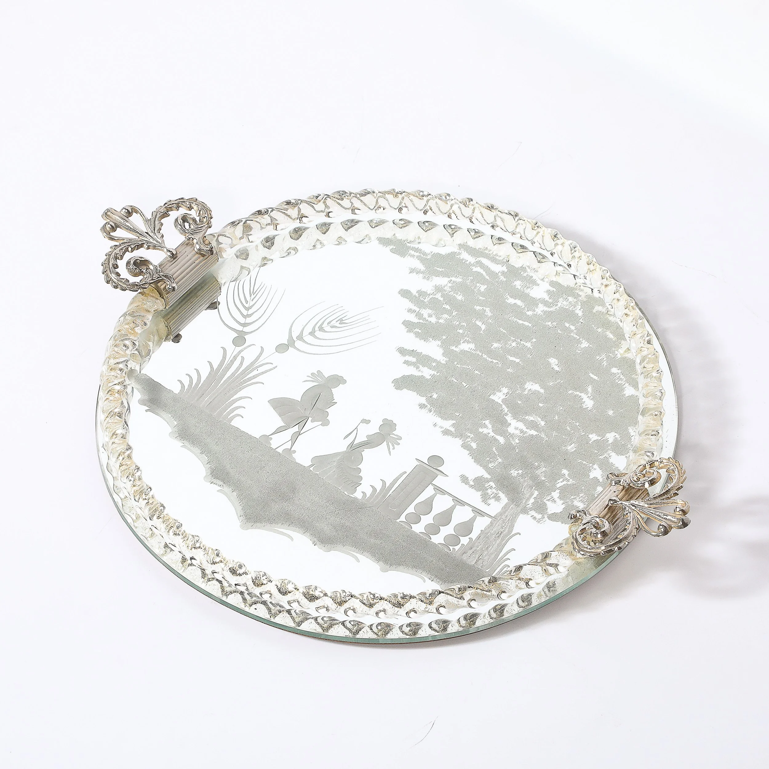 Classical Reversed Etched Mirrored Tray w: Pastoral Scene & Twisted Glass Border - High Style Deco 3.jpg