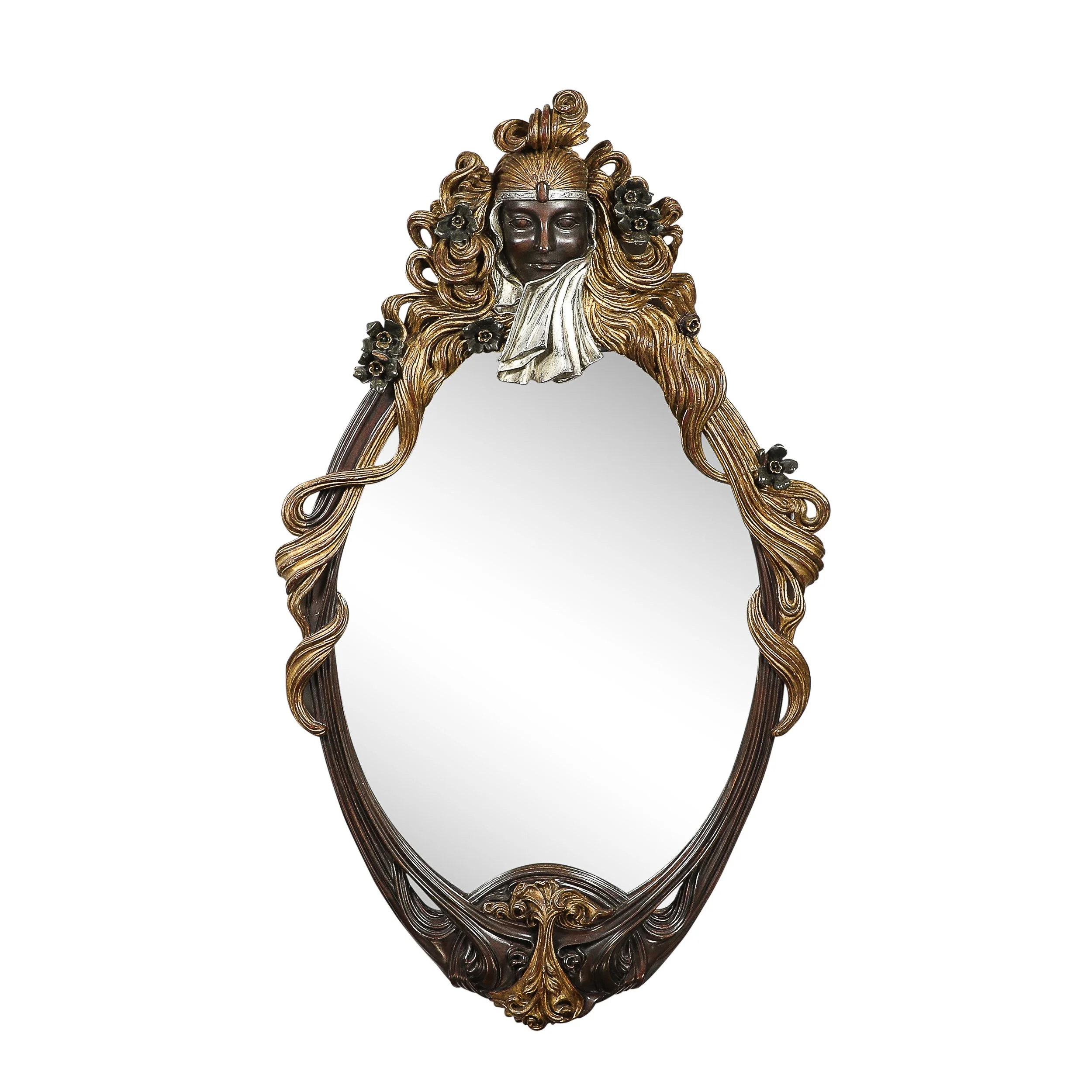 Art Deco Carved Sculptural Flapper Mirror in Limewood, Plaster Appliques & Gilt