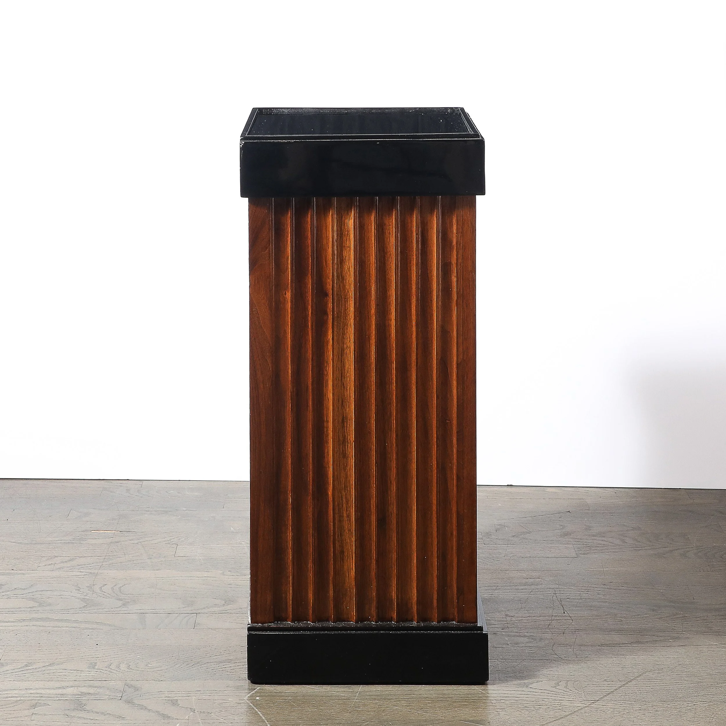 Pair of Art Deco Pedestals in Fluted Walnut & Black Lacquer Bases w: Glass Tops - High Style Deco 11.jpg