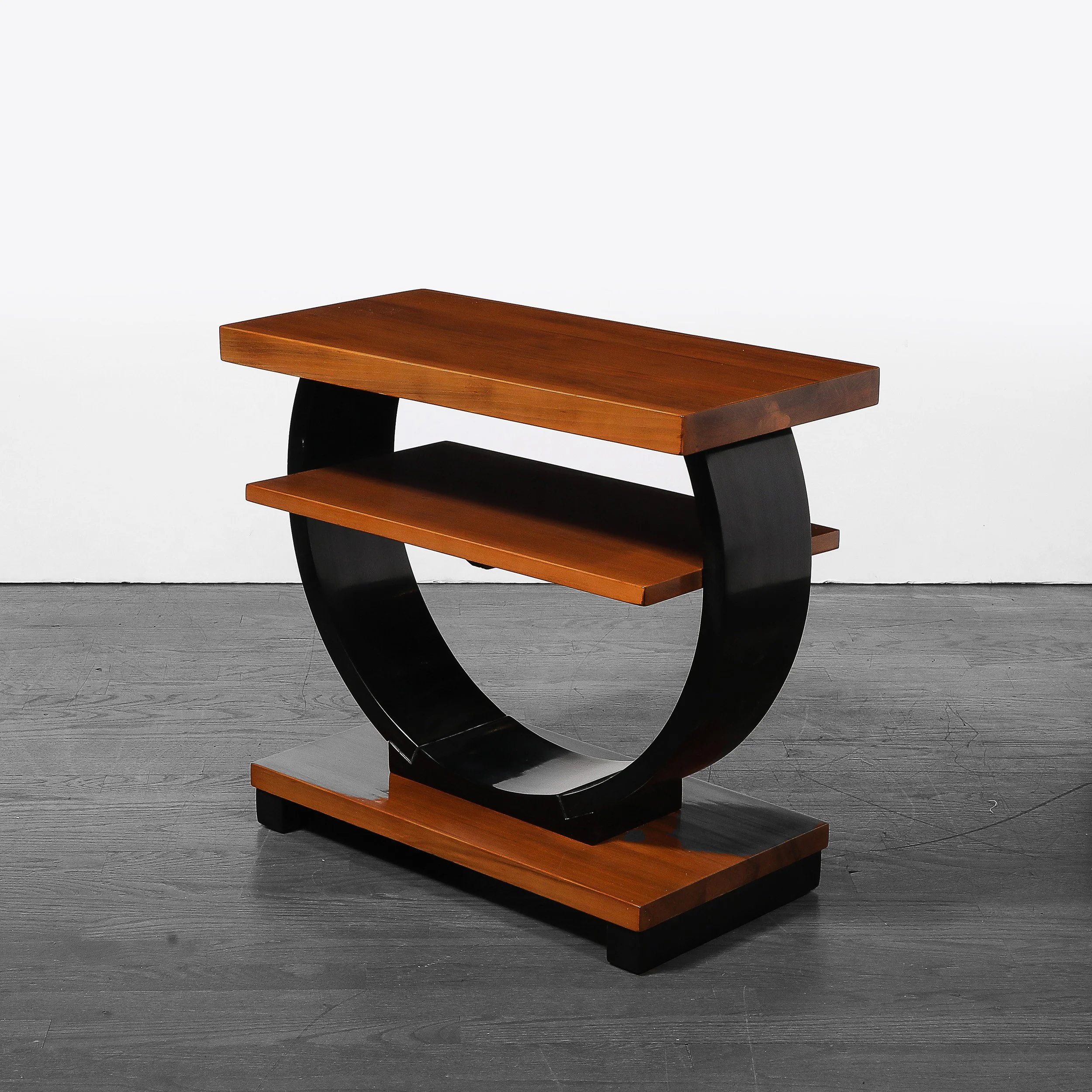 Pair of Art Deco Machine Age Two-Tier Side Tables in Walnut & Black Lacquer - High Style Deco 8.jpg