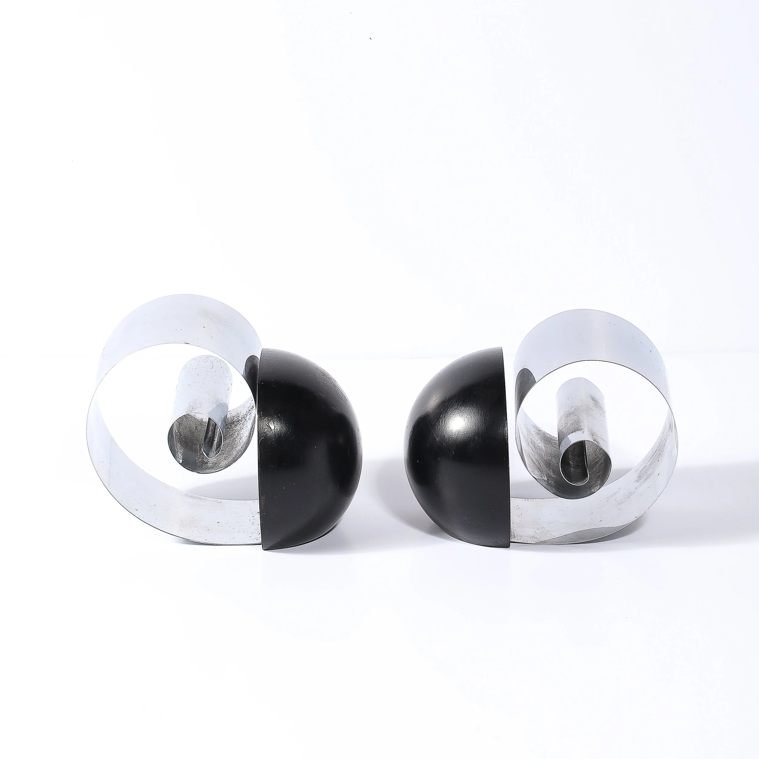 Art Deco Machine Age Spring Steel & Black Enamel Spherical Bookends by Revere - High Style Deco 7.jpg