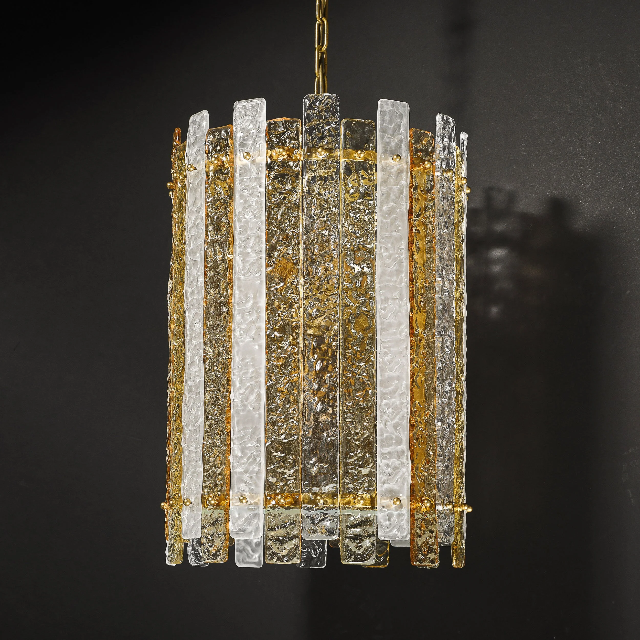 Modernist Hand-Blown Amber and Clear Murano Glass Paneled Cylindrical Chandelier - High Style Deco 18.jpg