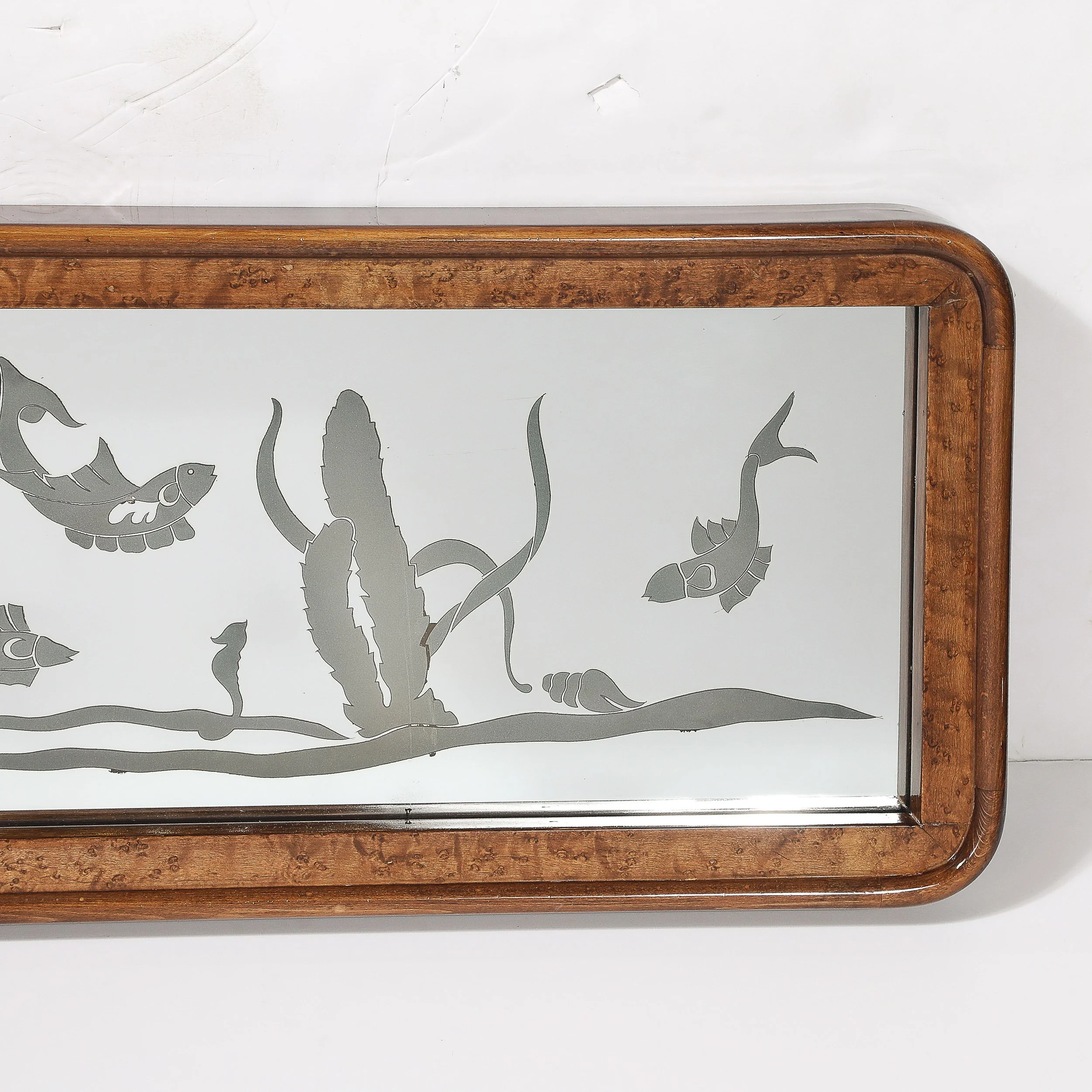Mid-Century Burled Walnut Bordered Mirror W: Graphic Acid Etched Oceanic Motif - High Style Deco 6.jpg