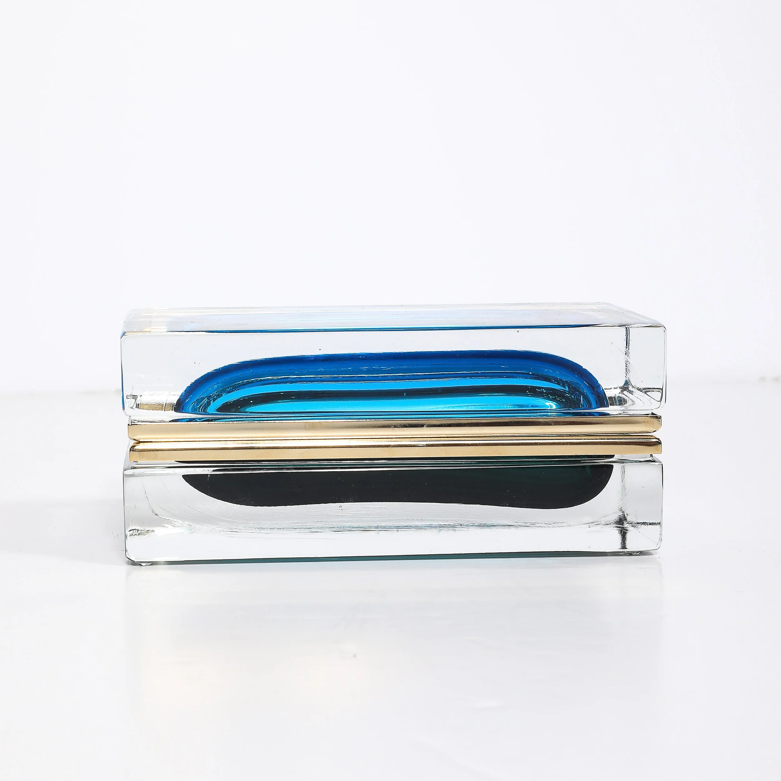 Modernist Hand-Blown Murano Glass Box in Ultramarine & Phthalo w: Polished Brass - High Style Deco 1.jpg