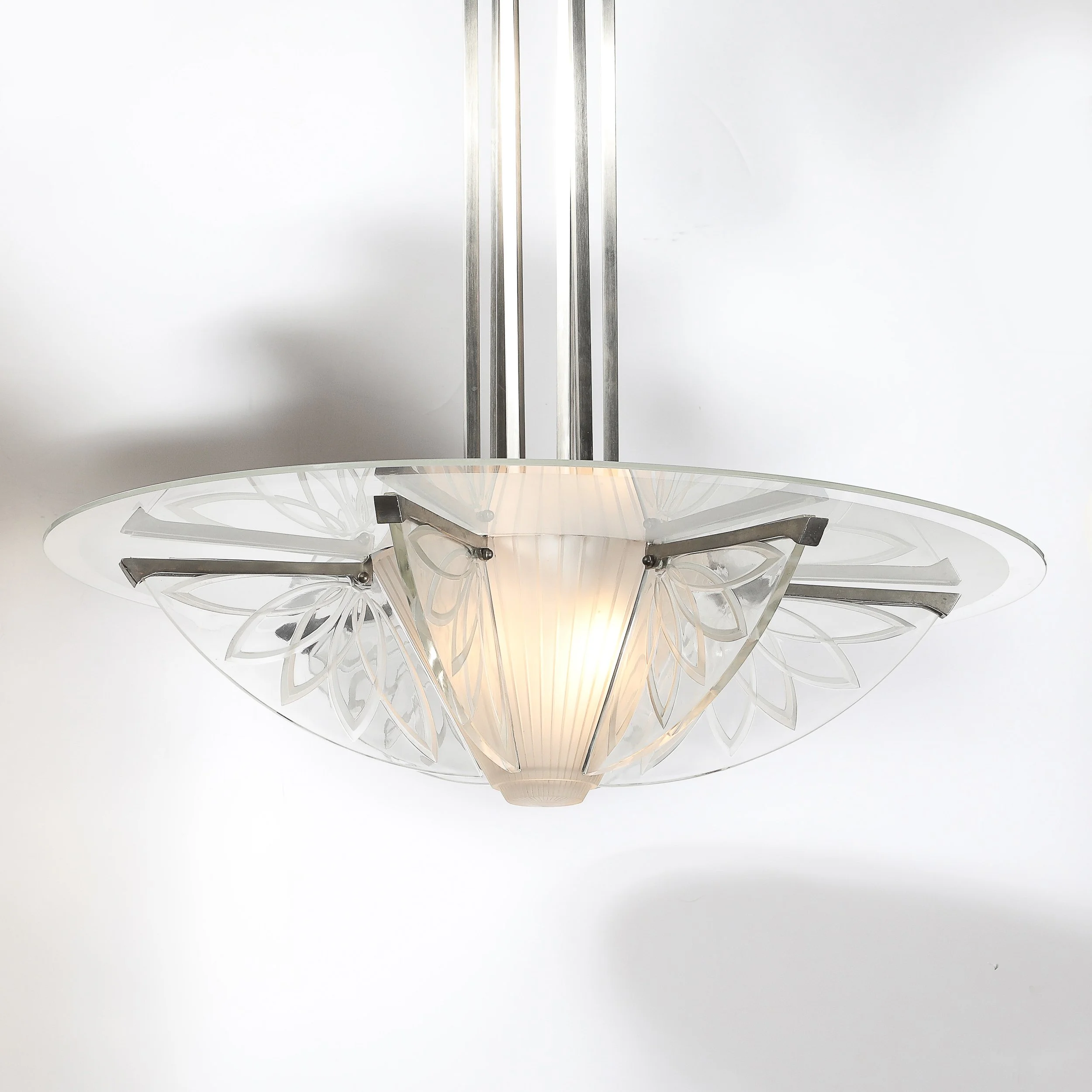 Art Deco Machine Age Frosted, Etched Glass & Nickel Chandelier by Pierre D'Avsen - High Style Deco 3.jpg